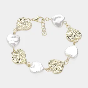 iLLASPARKZ Pearl Heart Hammered Meatal Heart Station Bracelet