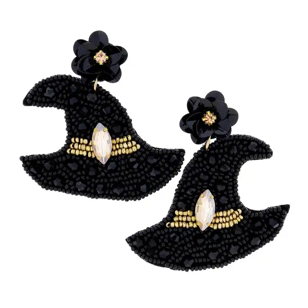 JET BEADED WITCH HAT EARRING