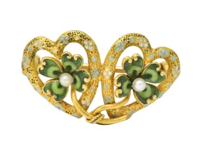 Krementz Late Victorian Seed Pearl Enamel 14 Karat Gold Heart Four Leaf Clover Pin