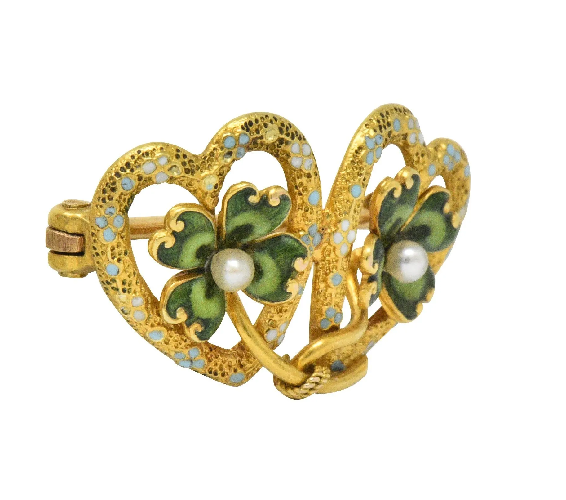 Krementz Late Victorian Seed Pearl Enamel 14 Karat Gold Heart Four Leaf Clover Pin