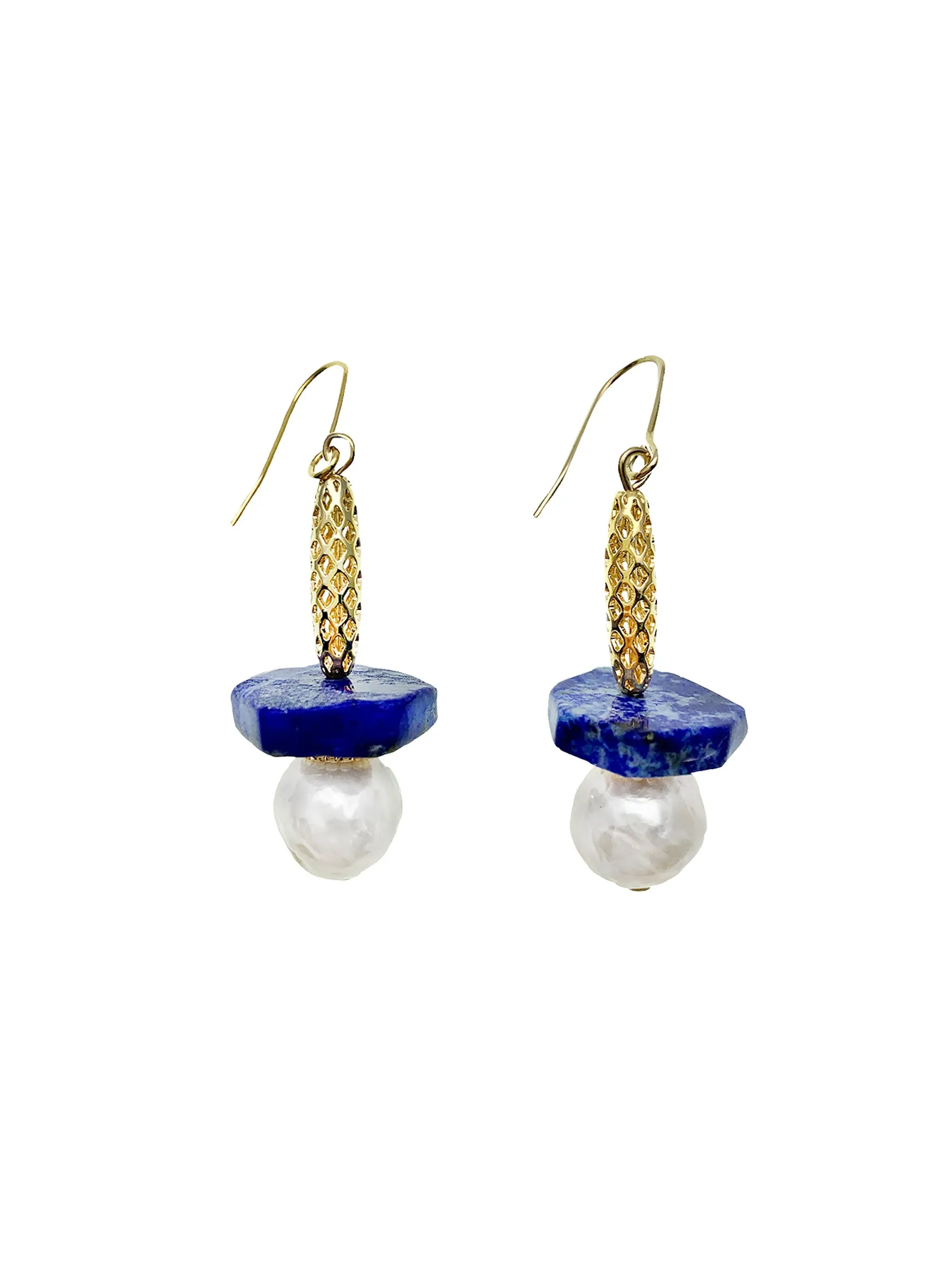 Lapis Hexagon Point With Freshwater Pearl Earrings EE016