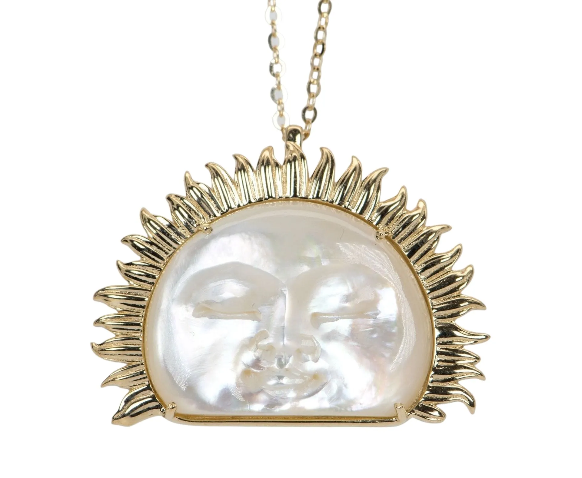 Large Mother of Pearl Carved Face with Golden Sunray Halo Pendant 9K Gold R4107