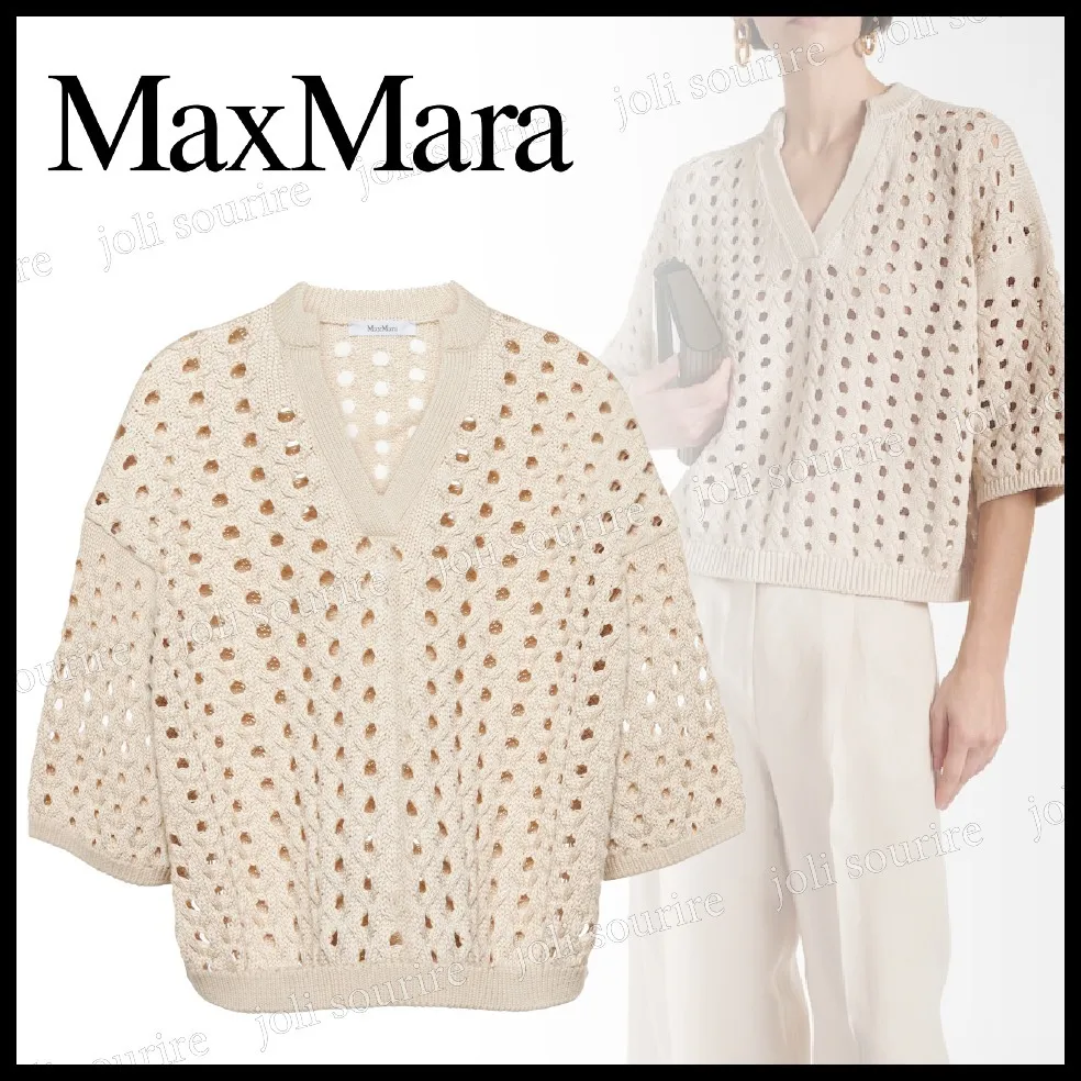 MaxMara  |Casual Style Street Style V-Neck Plain Cotton Short Sleeves