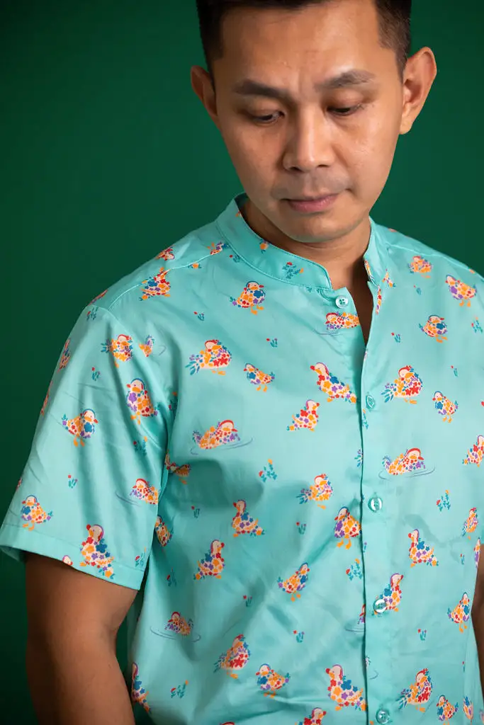 Men's Mandarin-collared Shirt - Turquoise Mandarin Ducks