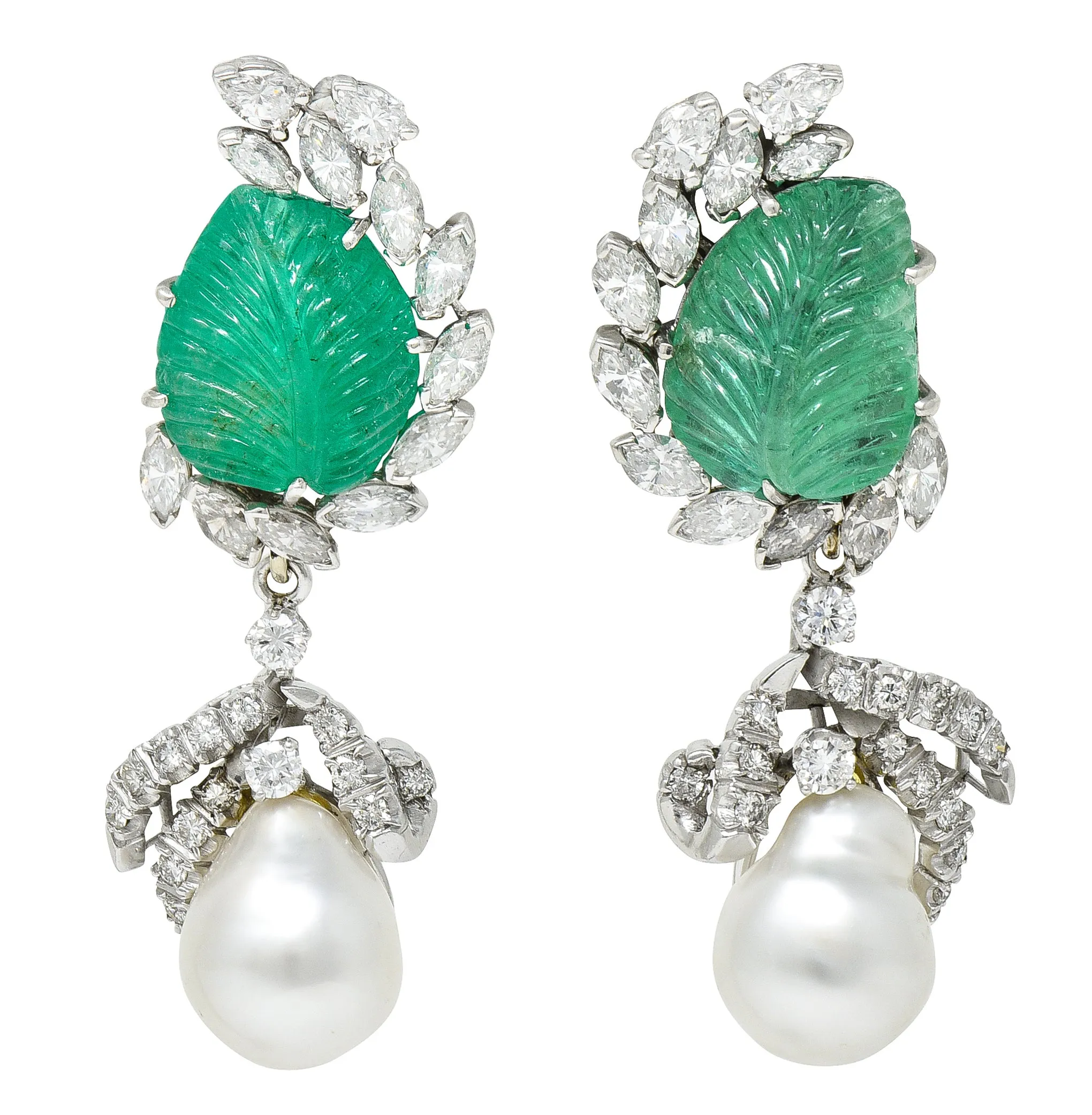 Mid-Century 21.90 CTW Mughal Carved Emerald Diamond Baroque Pearl Platinum Convertible Ear-Clip Earrings