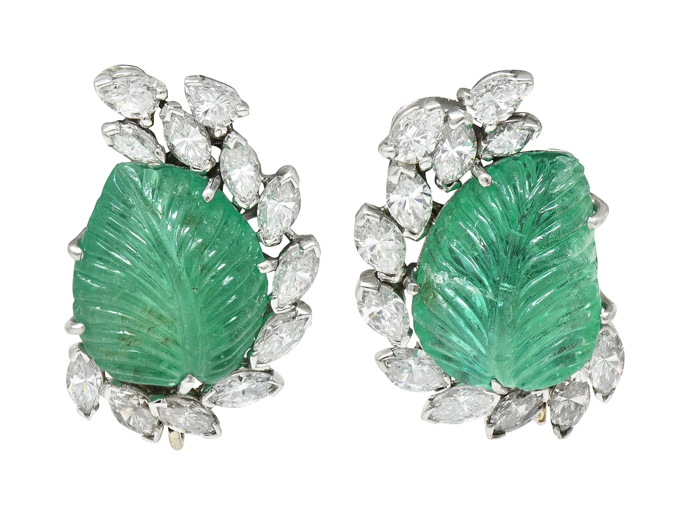 Mid-Century 21.90 CTW Mughal Carved Emerald Diamond Baroque Pearl Platinum Convertible Ear-Clip Earrings