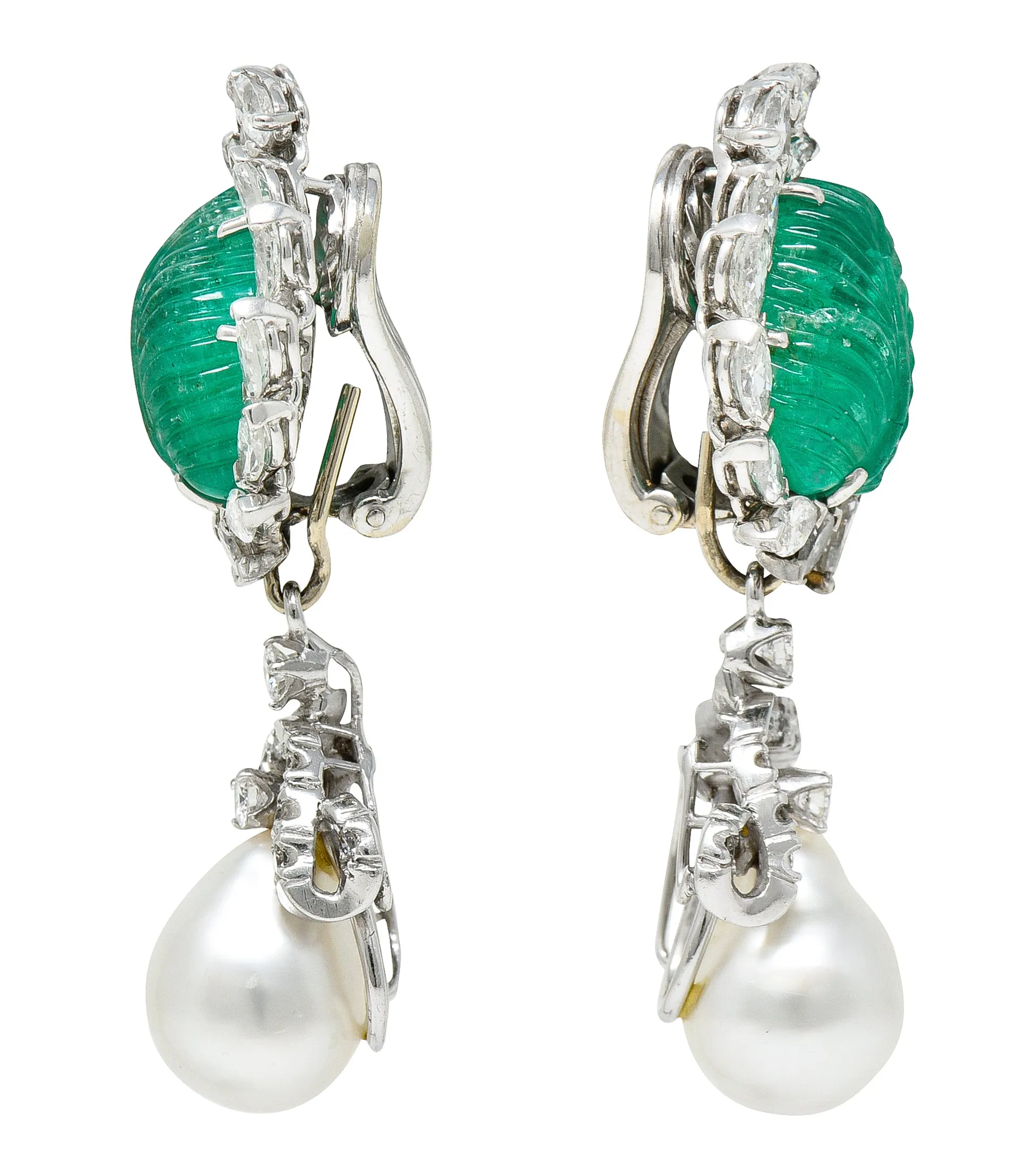 Mid-Century 21.90 CTW Mughal Carved Emerald Diamond Baroque Pearl Platinum Convertible Ear-Clip Earrings