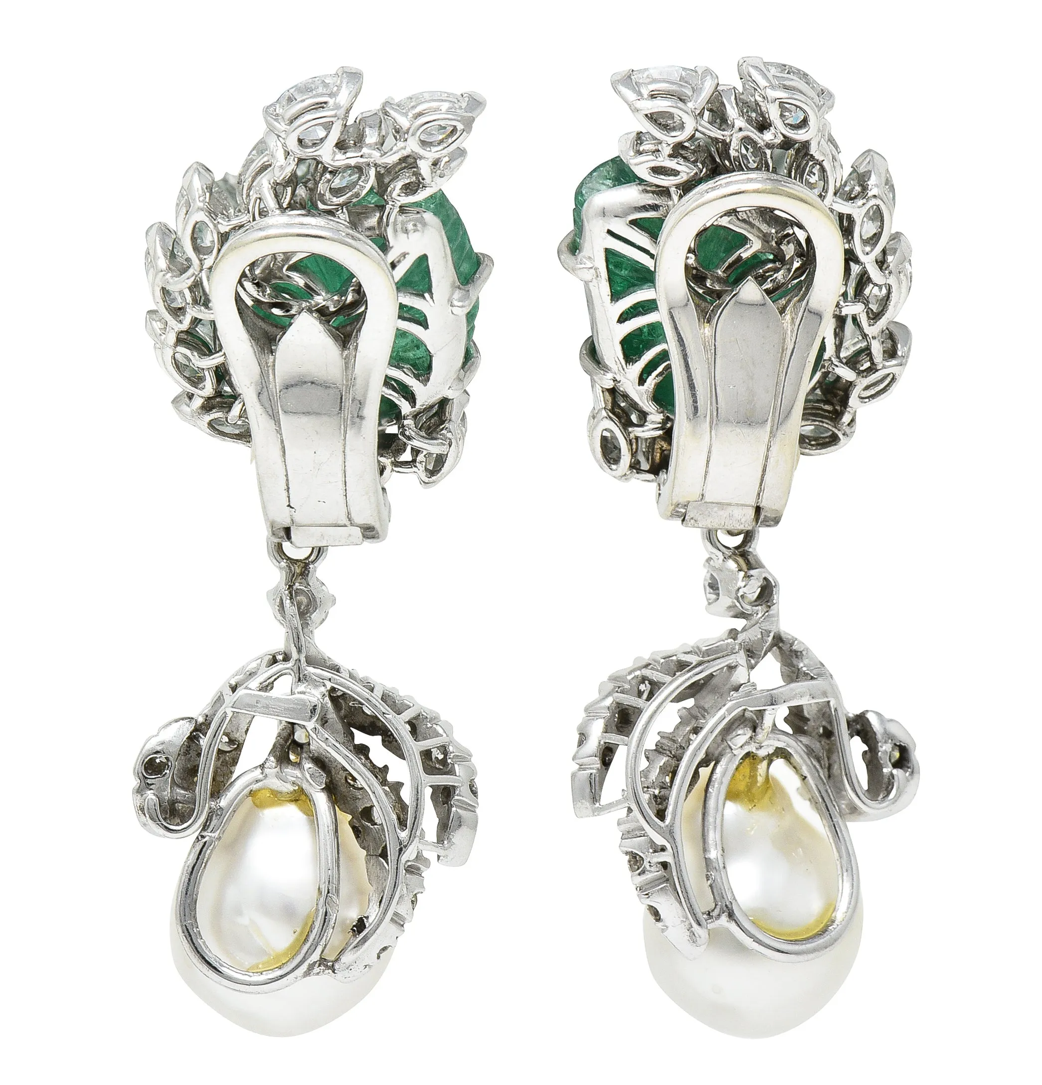 Mid-Century 21.90 CTW Mughal Carved Emerald Diamond Baroque Pearl Platinum Convertible Ear-Clip Earrings