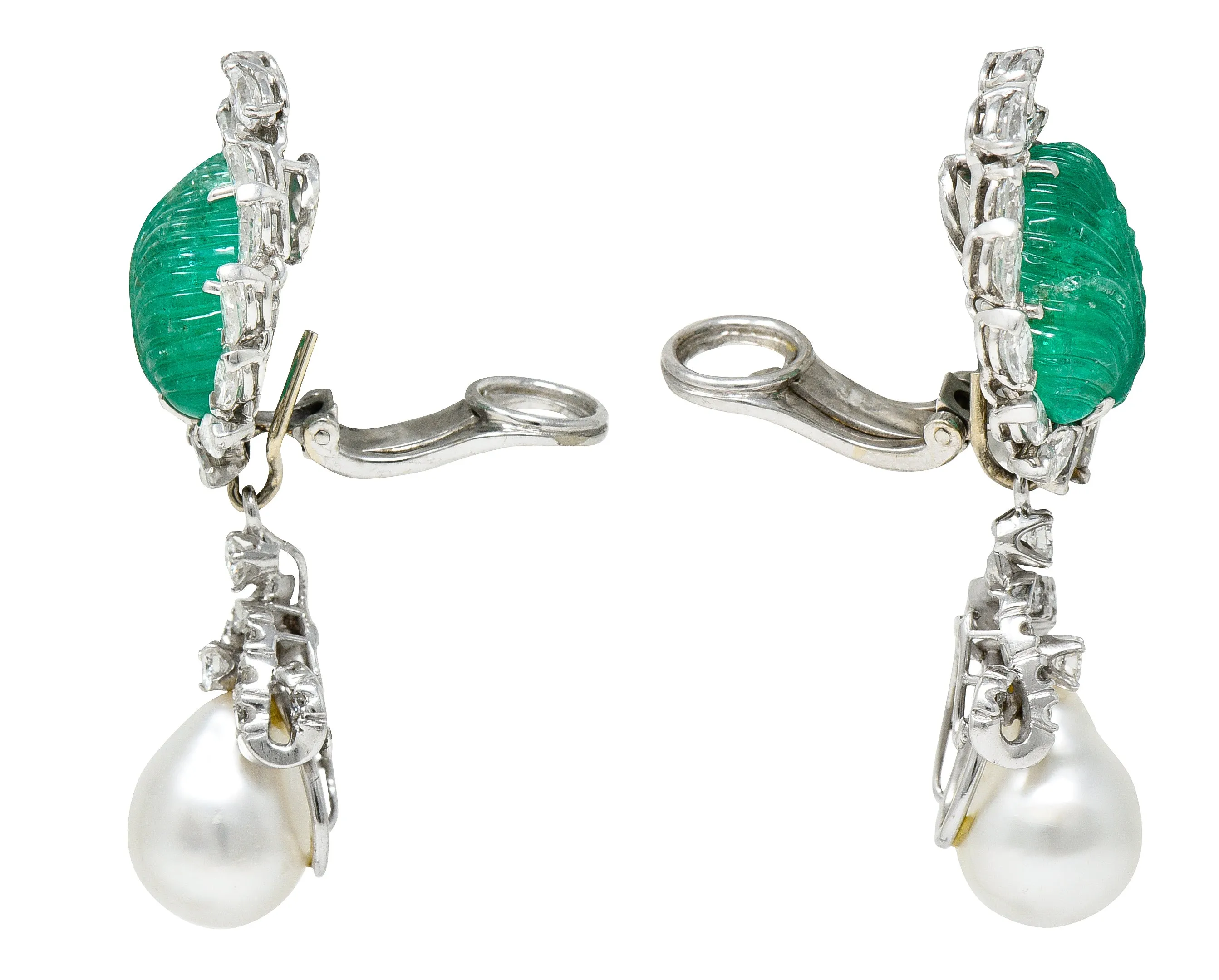 Mid-Century 21.90 CTW Mughal Carved Emerald Diamond Baroque Pearl Platinum Convertible Ear-Clip Earrings