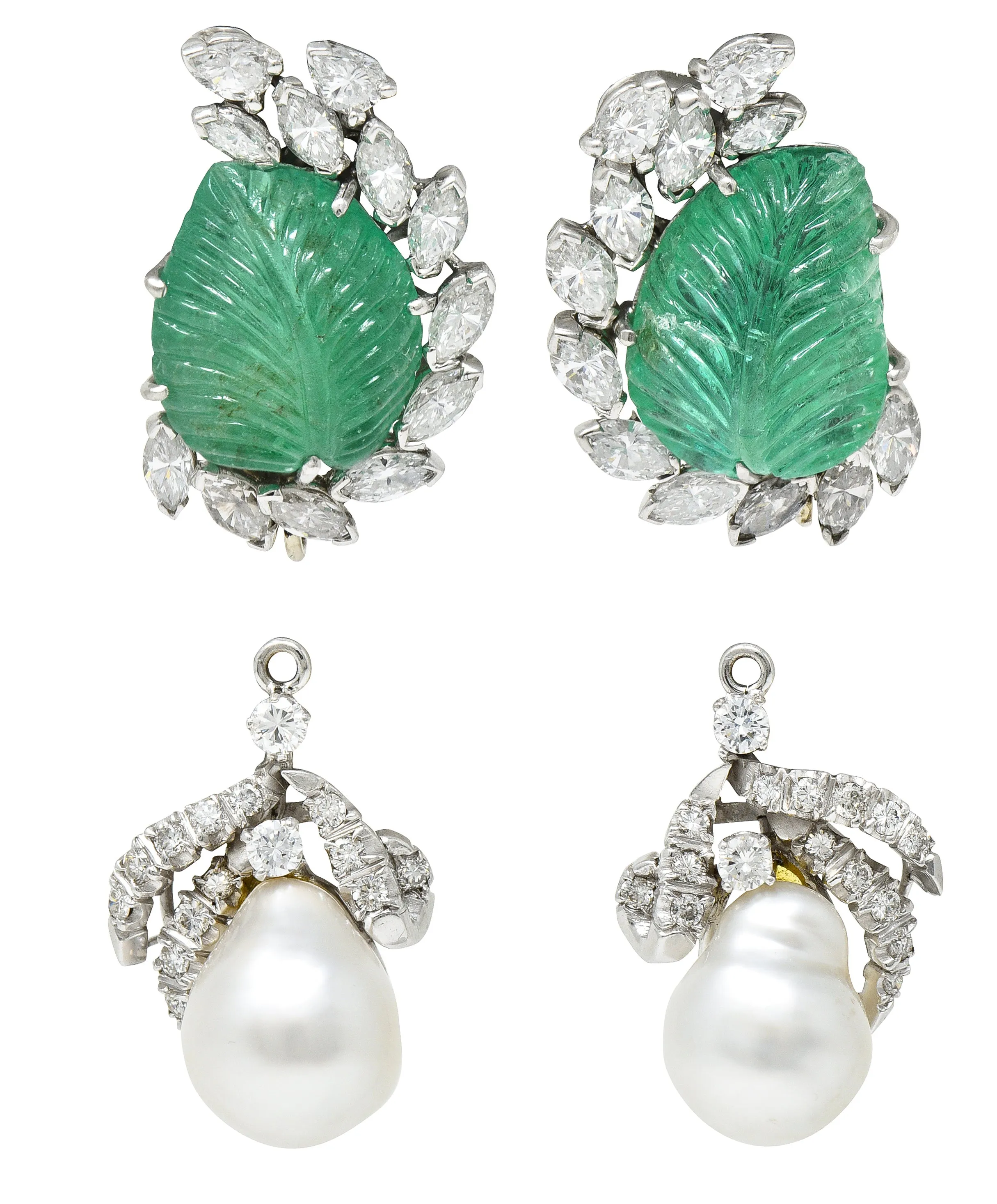 Mid-Century 21.90 CTW Mughal Carved Emerald Diamond Baroque Pearl Platinum Convertible Ear-Clip Earrings