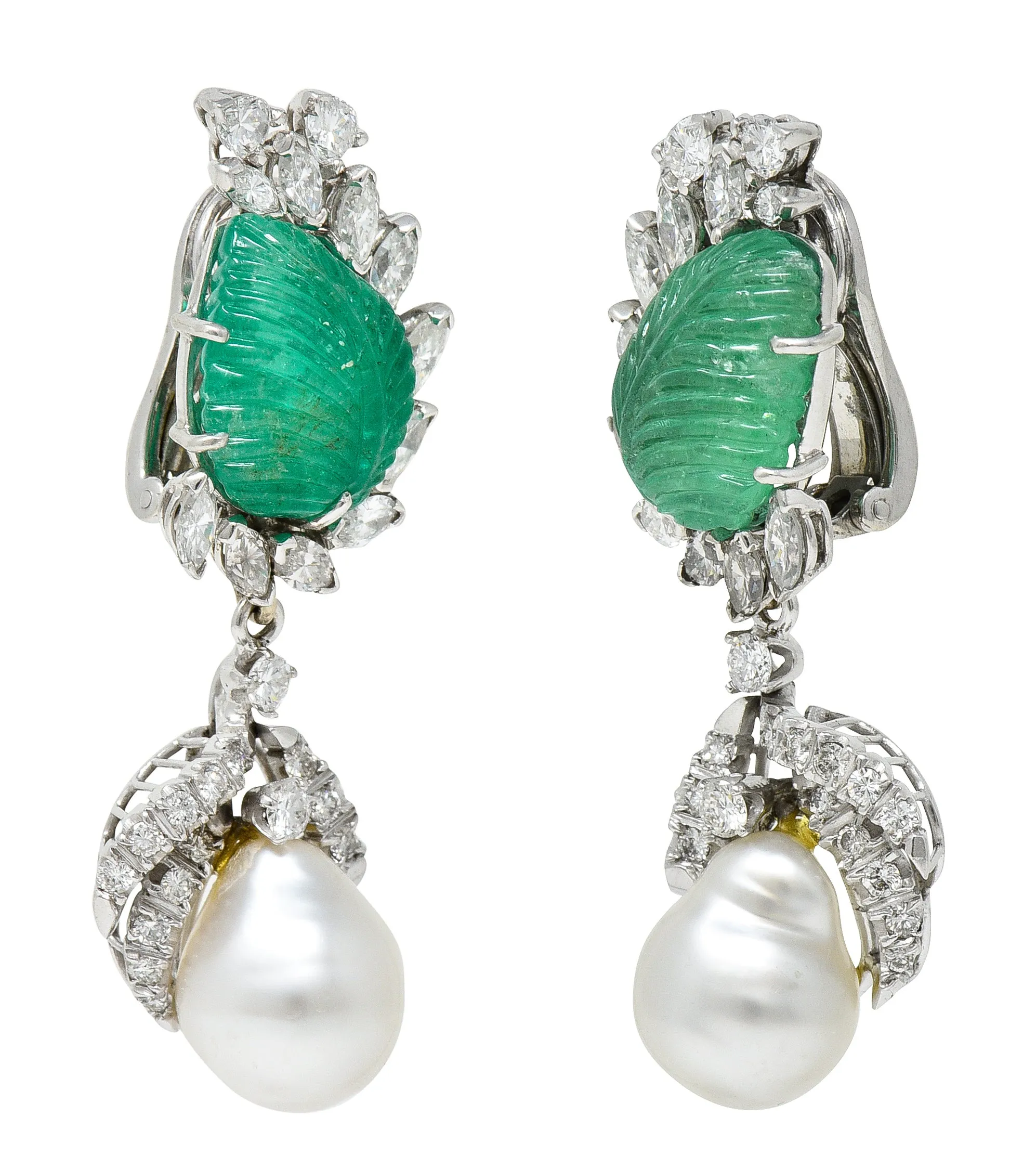 Mid-Century 21.90 CTW Mughal Carved Emerald Diamond Baroque Pearl Platinum Convertible Ear-Clip Earrings