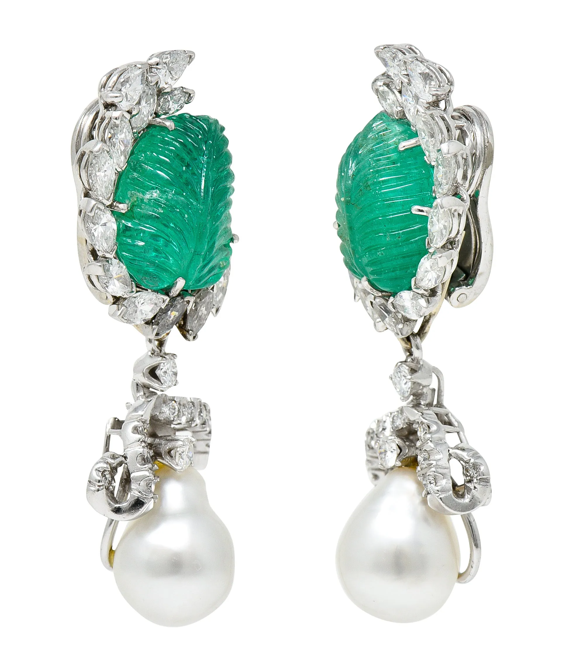 Mid-Century 21.90 CTW Mughal Carved Emerald Diamond Baroque Pearl Platinum Convertible Ear-Clip Earrings