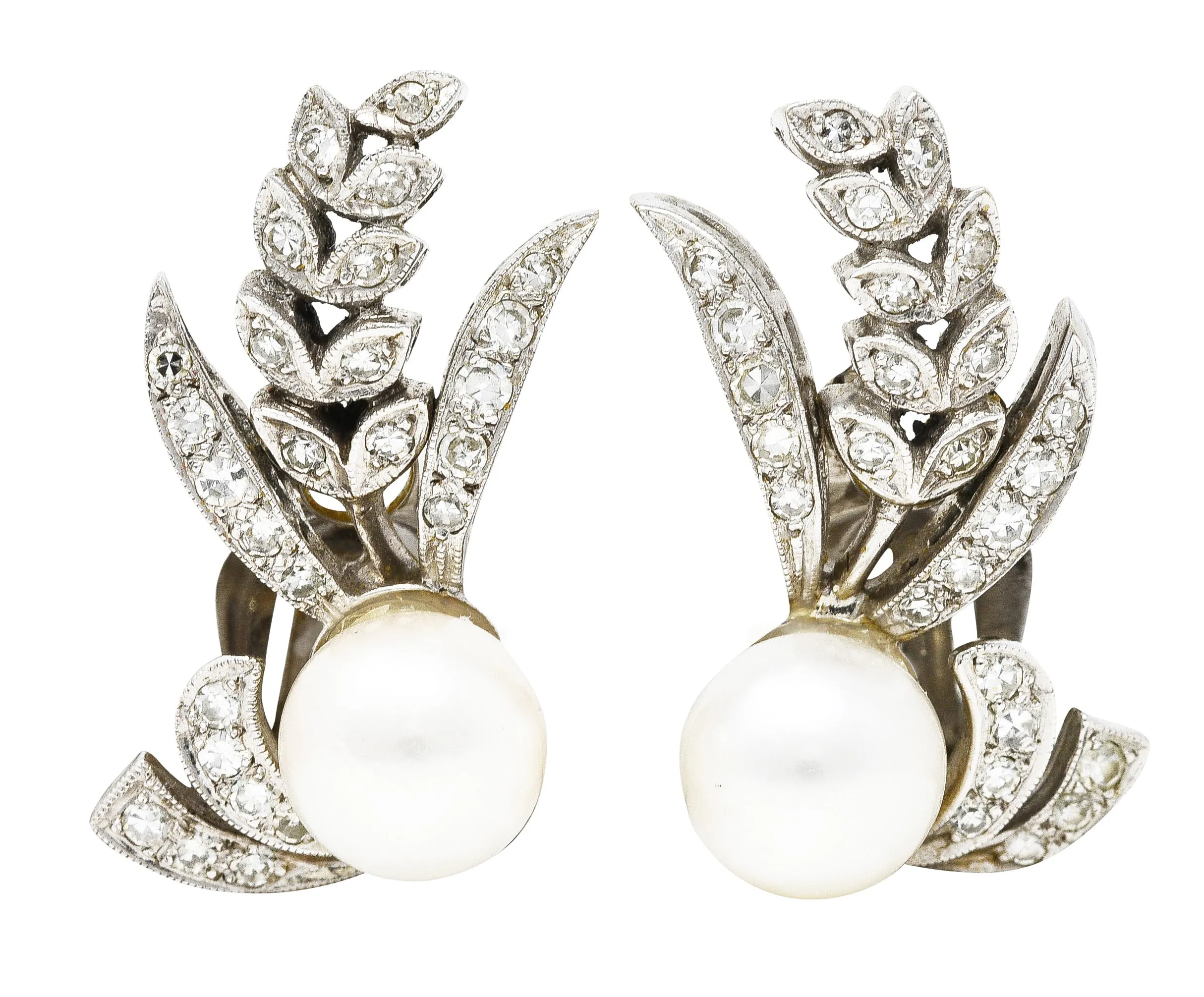 Mid-Century Pearl Diamond 14 Karat White Gold Foliate Ear-Clip Earrings