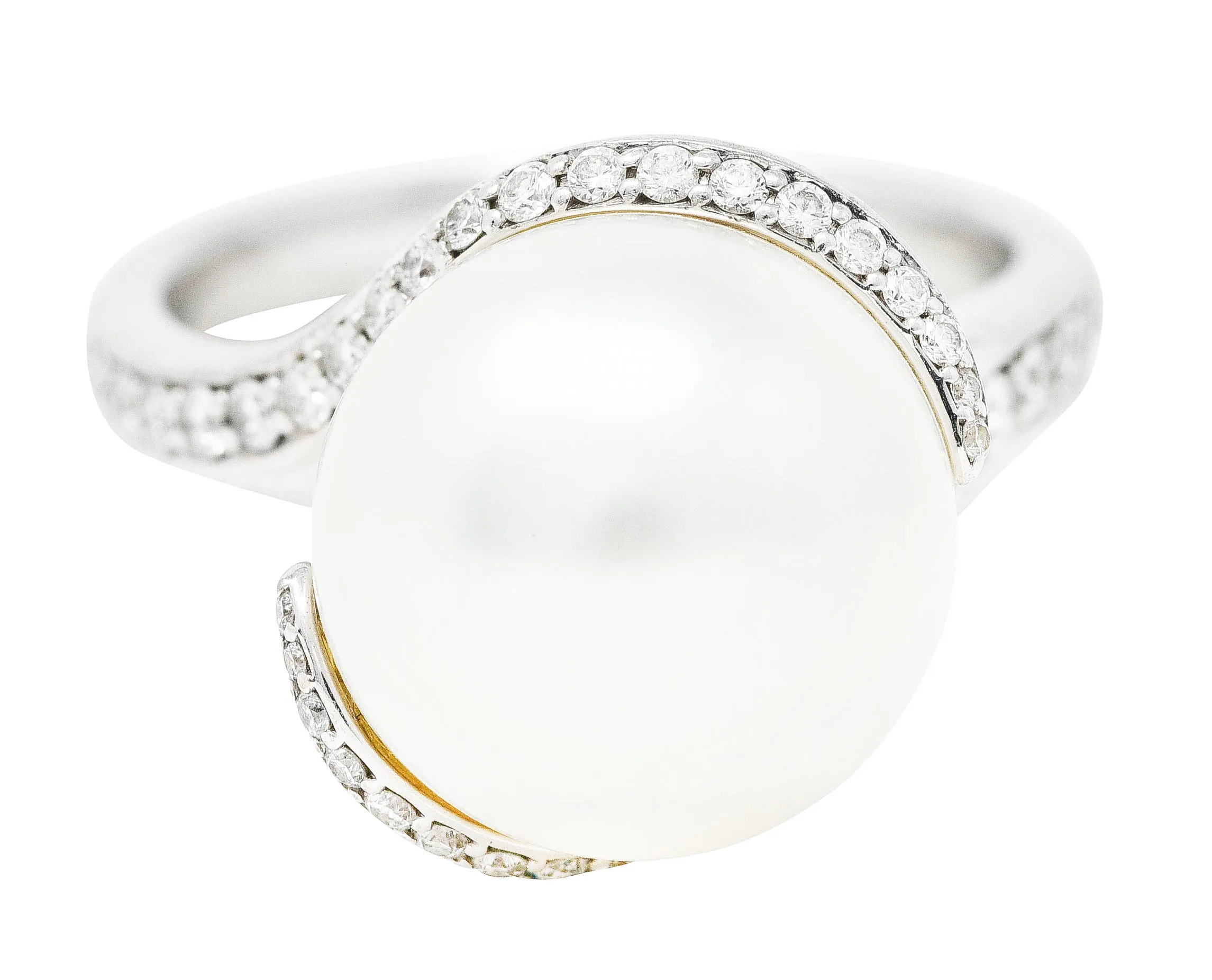 Mikimoto Diamond Cultured South Sea Pearl 18 Karat White Gold Bypass Ring