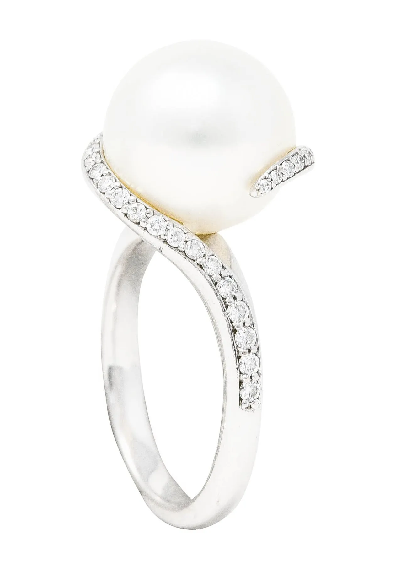 Mikimoto Diamond Cultured South Sea Pearl 18 Karat White Gold Bypass Ring