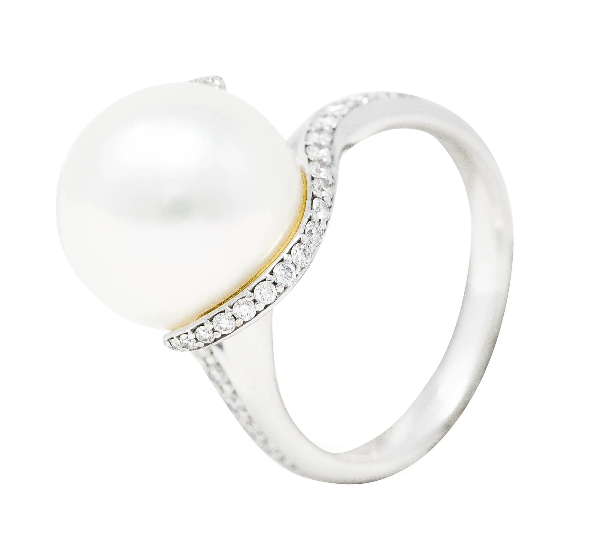 Mikimoto Diamond Cultured South Sea Pearl 18 Karat White Gold Bypass Ring