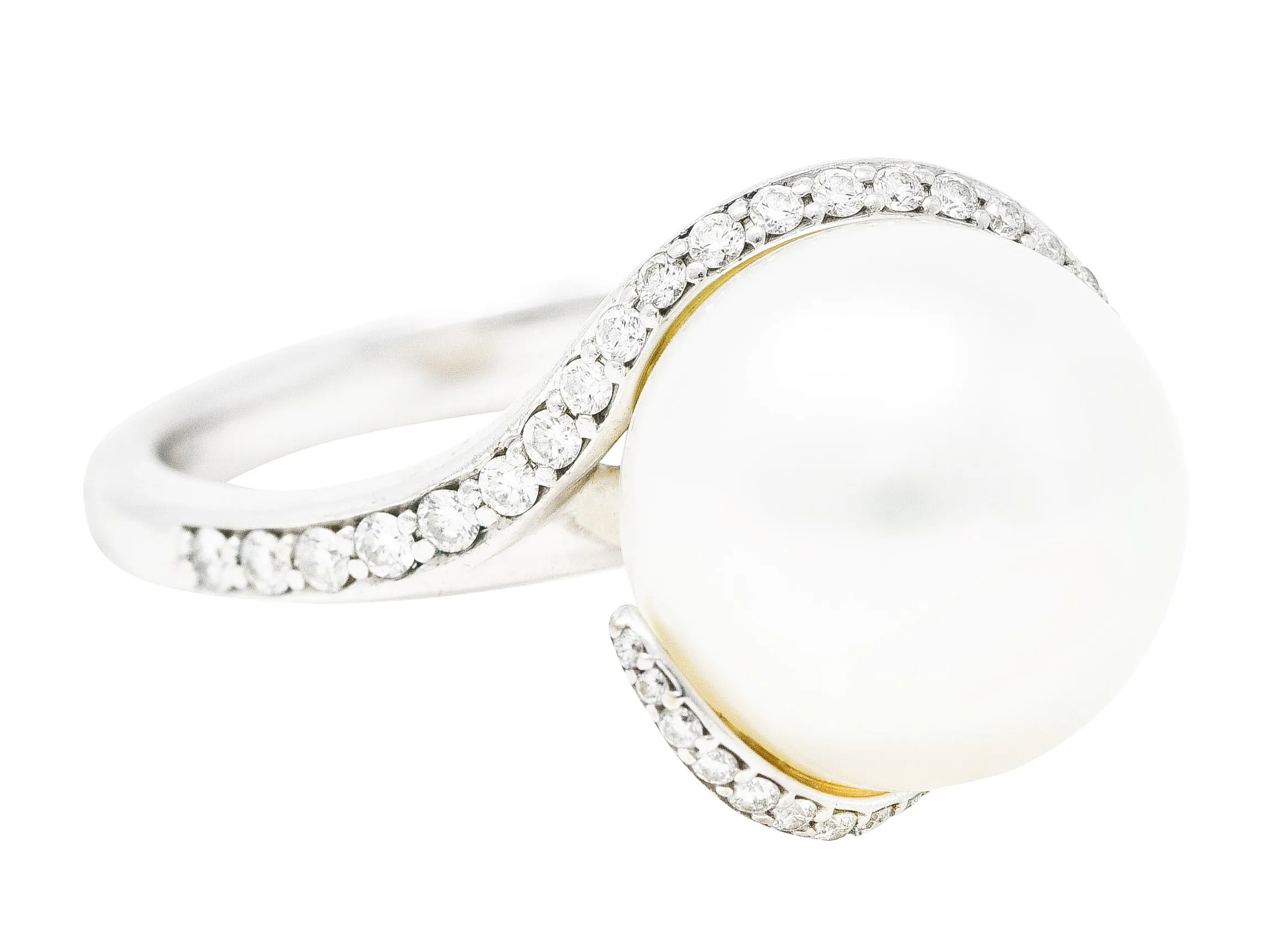 Mikimoto Diamond Cultured South Sea Pearl 18 Karat White Gold Bypass Ring