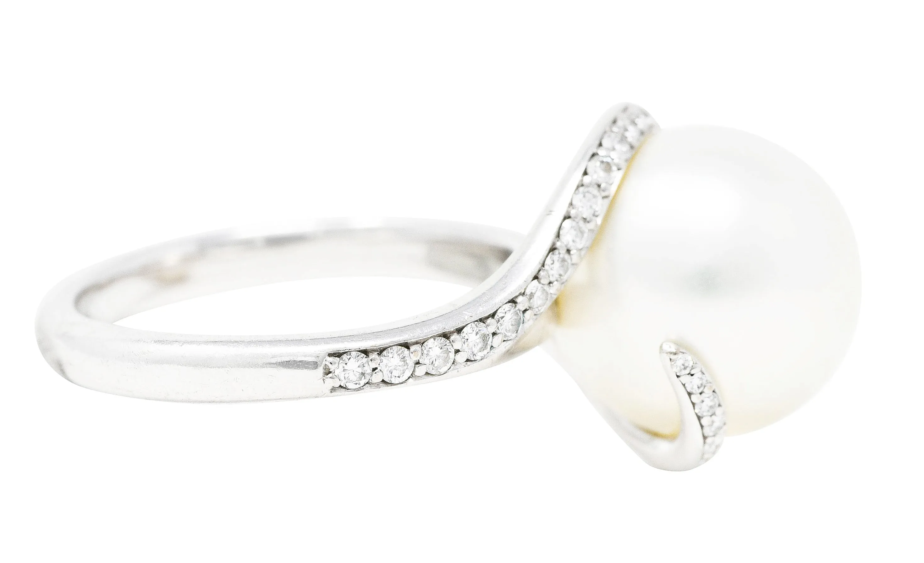 Mikimoto Diamond Cultured South Sea Pearl 18 Karat White Gold Bypass Ring