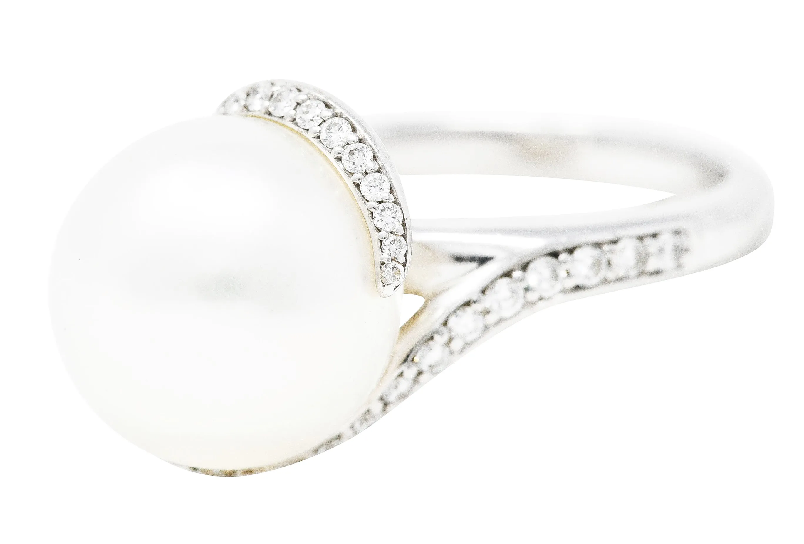 Mikimoto Diamond Cultured South Sea Pearl 18 Karat White Gold Bypass Ring