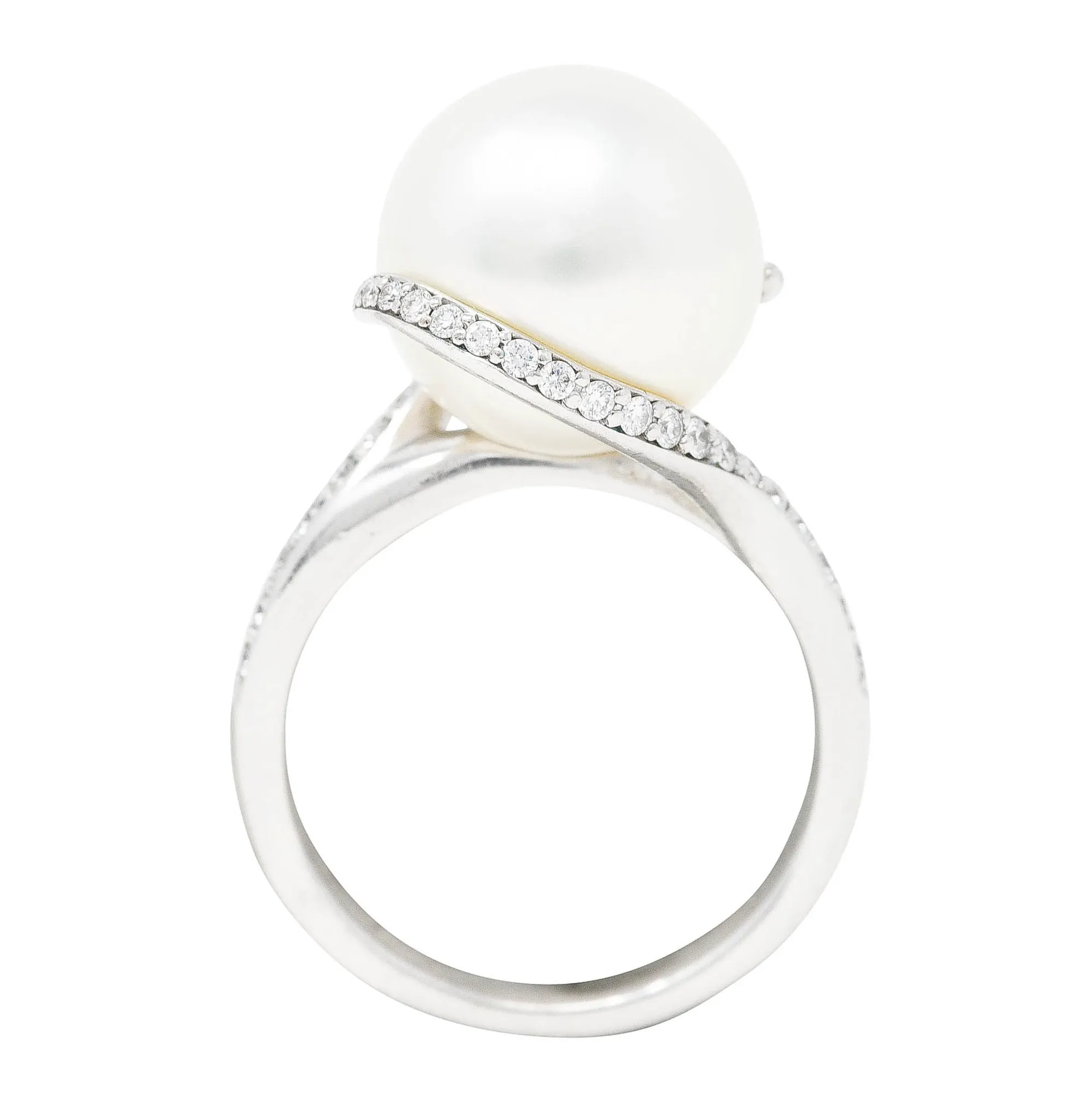 Mikimoto Diamond Cultured South Sea Pearl 18 Karat White Gold Bypass Ring