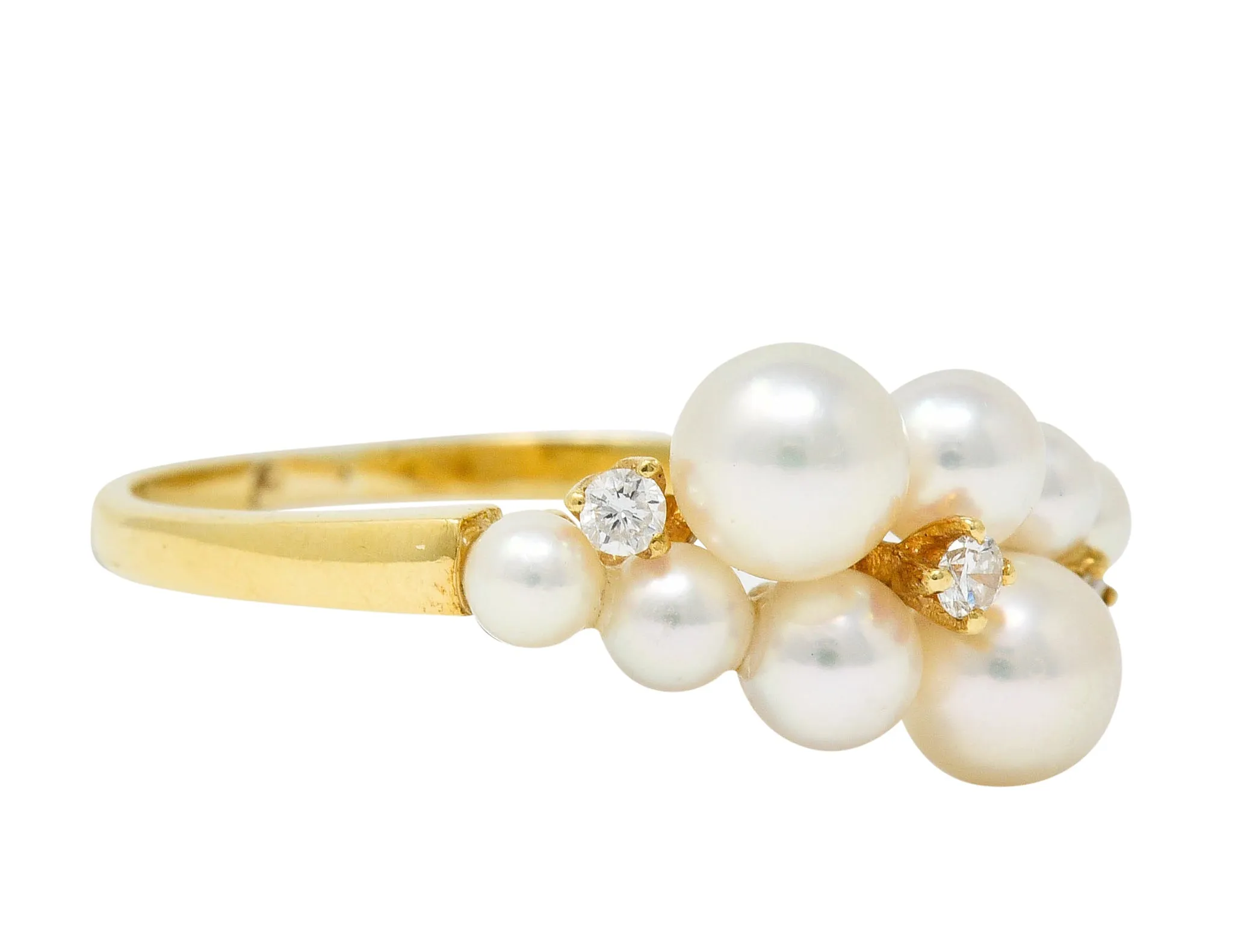 Mikimoto Vintage Diamond Cultured Pearl 18 Karat Gold Cluster Ring