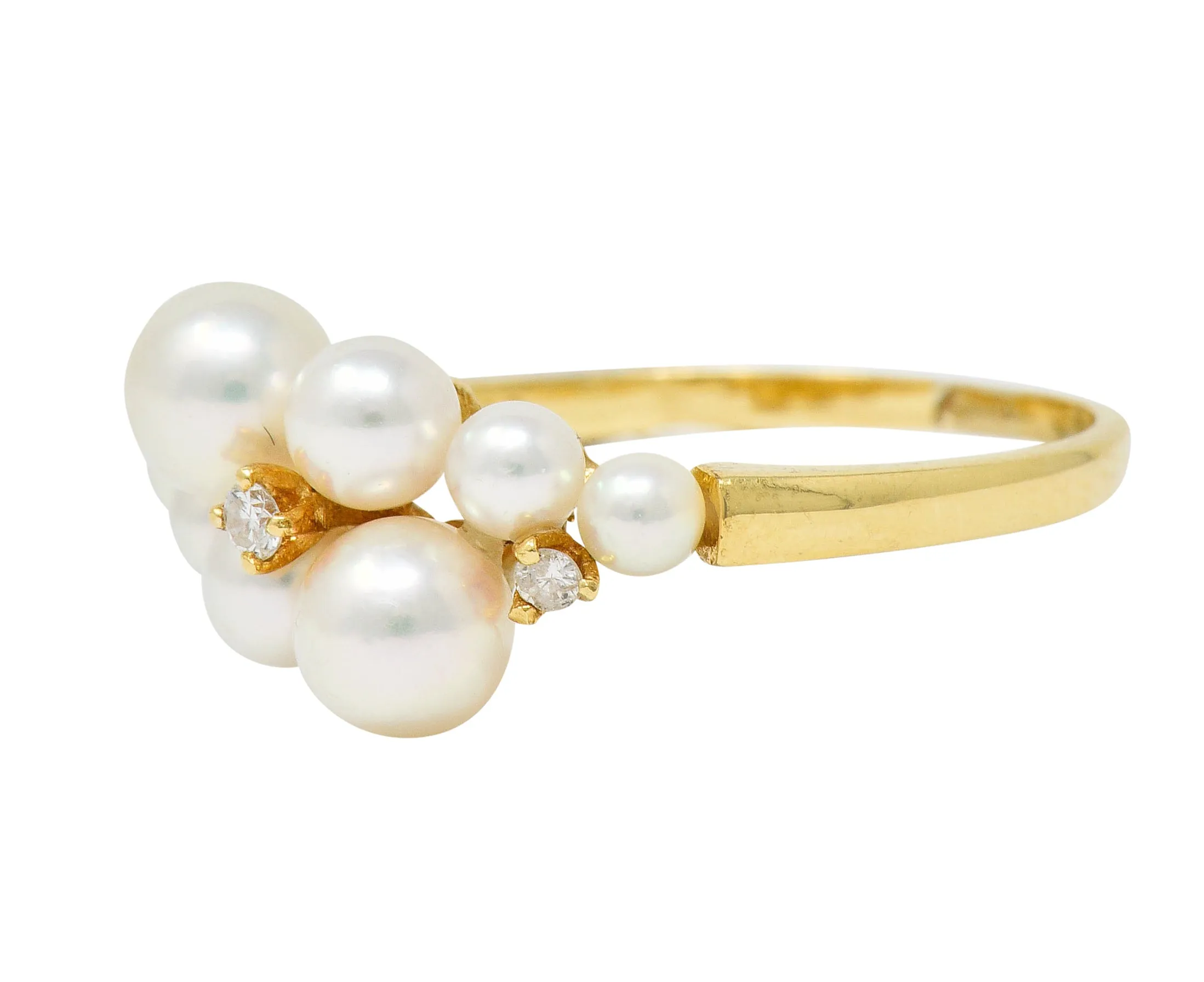 Mikimoto Vintage Diamond Cultured Pearl 18 Karat Gold Cluster Ring