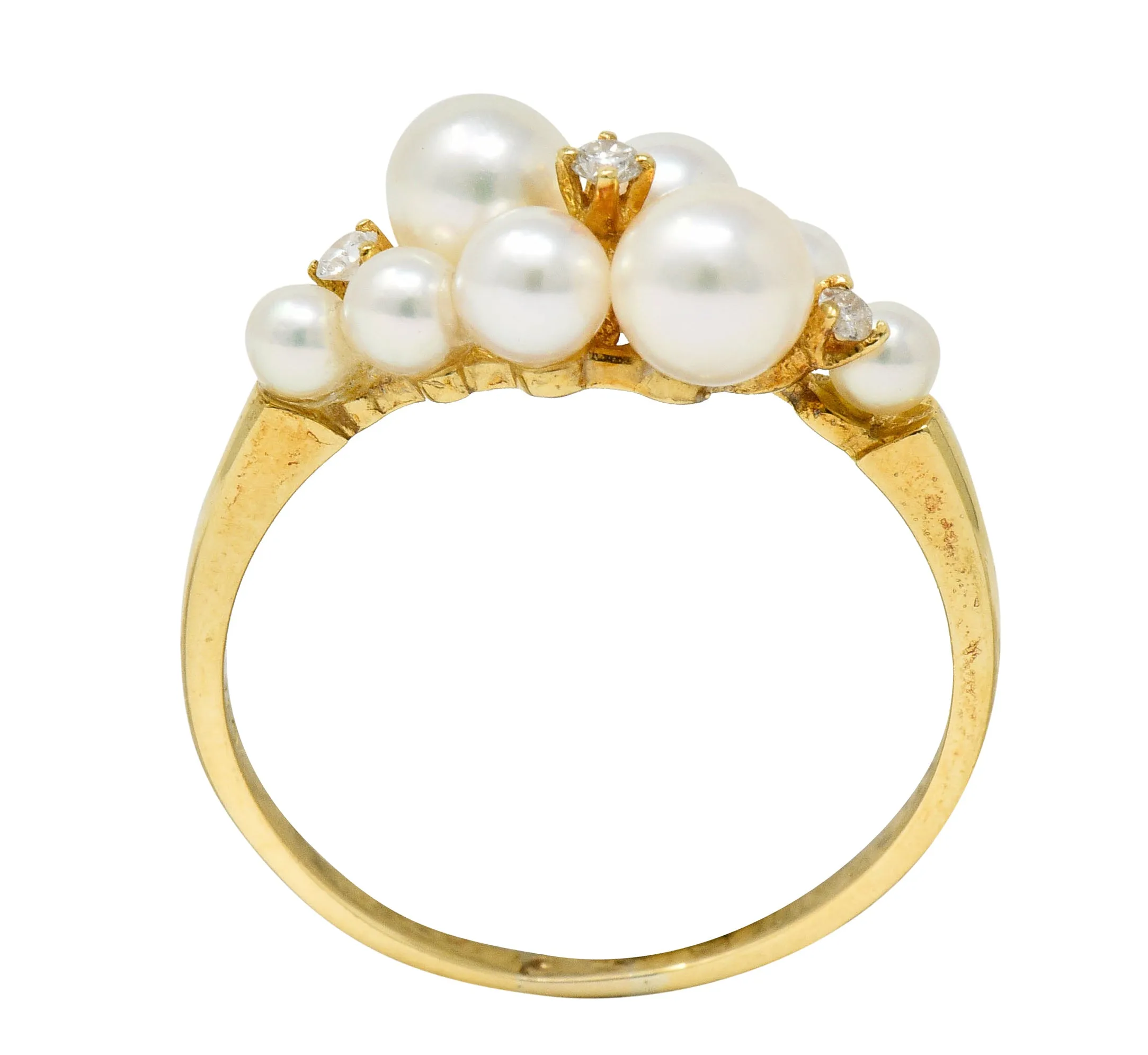 Mikimoto Vintage Diamond Cultured Pearl 18 Karat Gold Cluster Ring