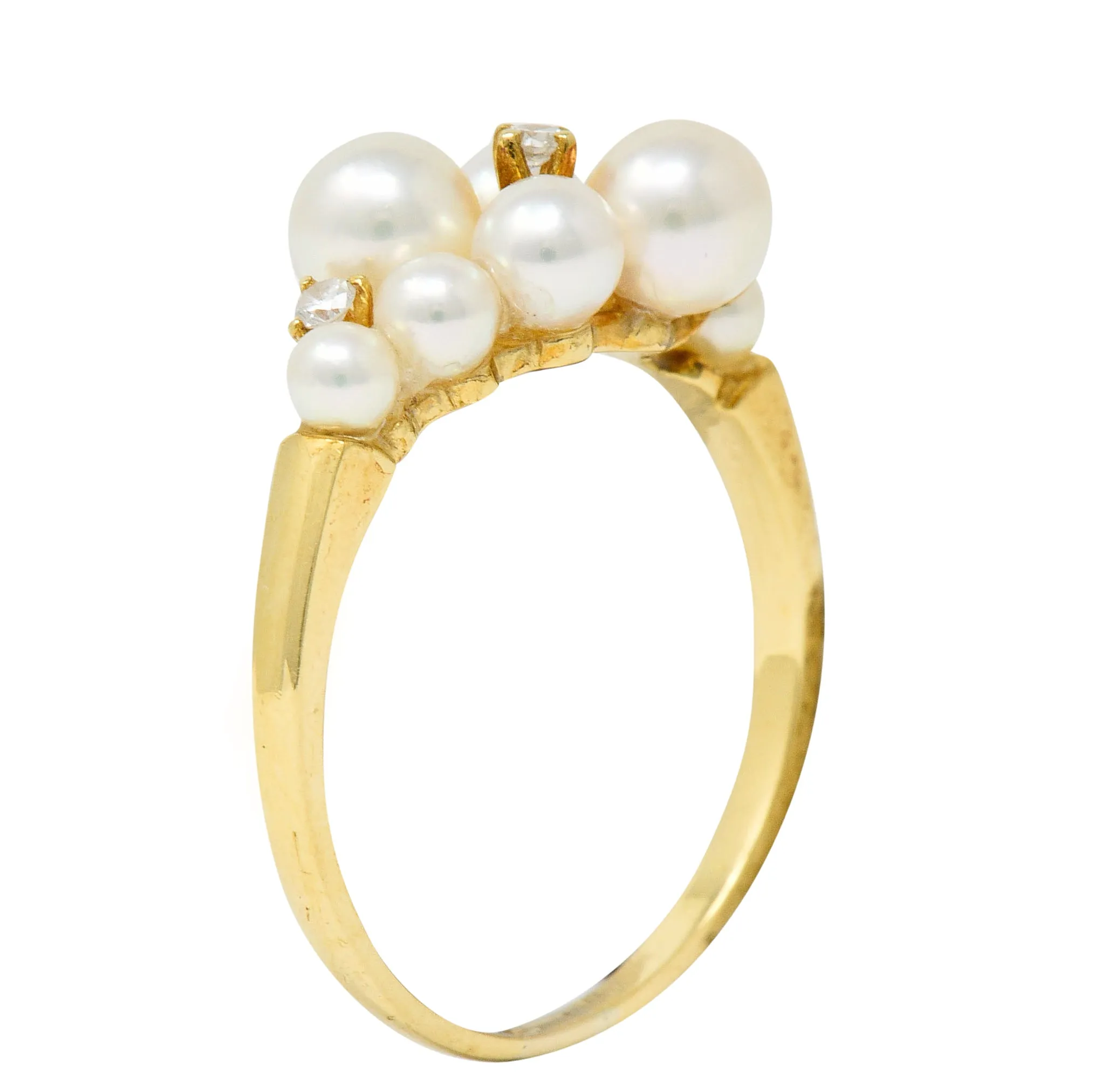 Mikimoto Vintage Diamond Cultured Pearl 18 Karat Gold Cluster Ring