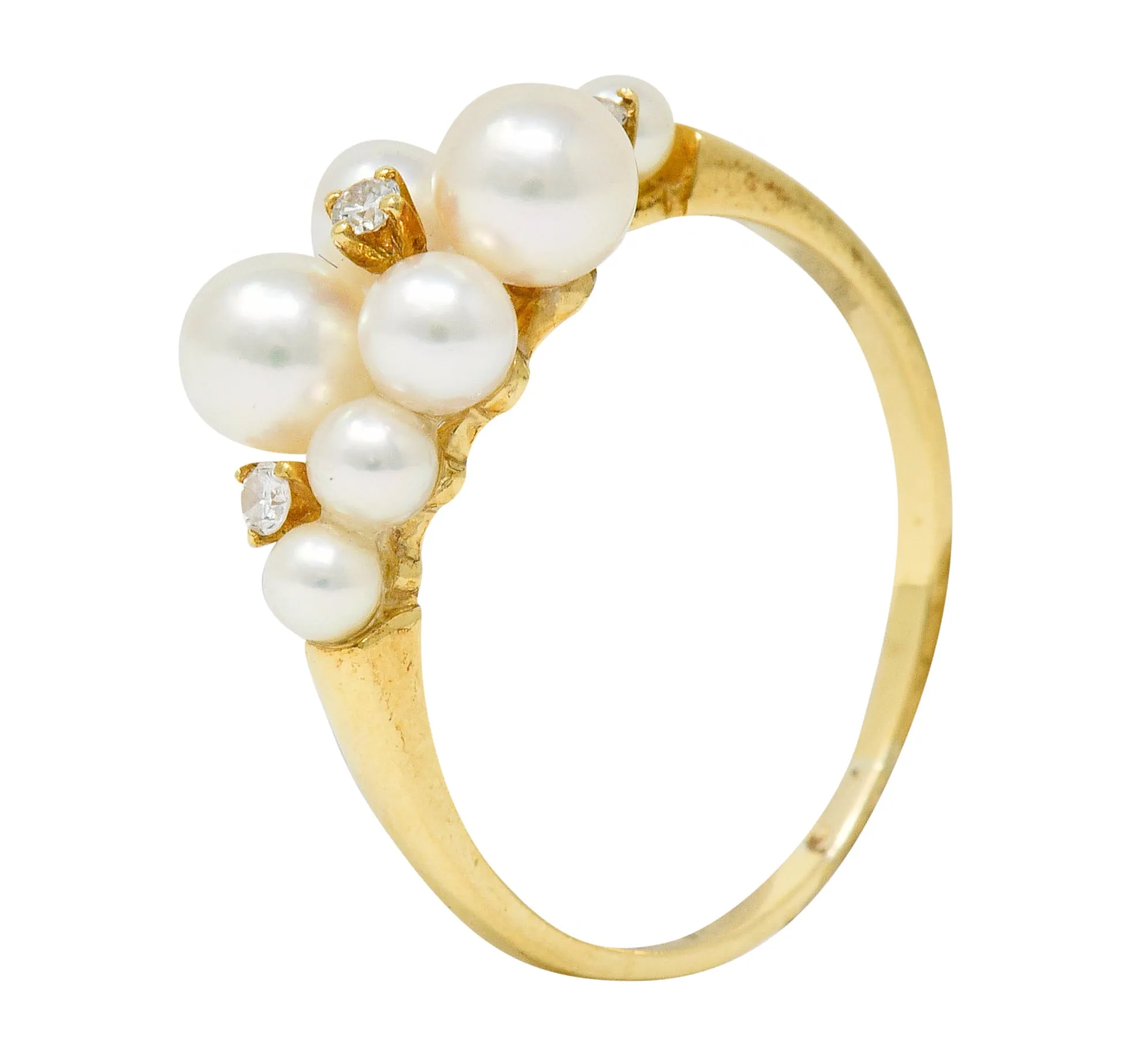 Mikimoto Vintage Diamond Cultured Pearl 18 Karat Gold Cluster Ring