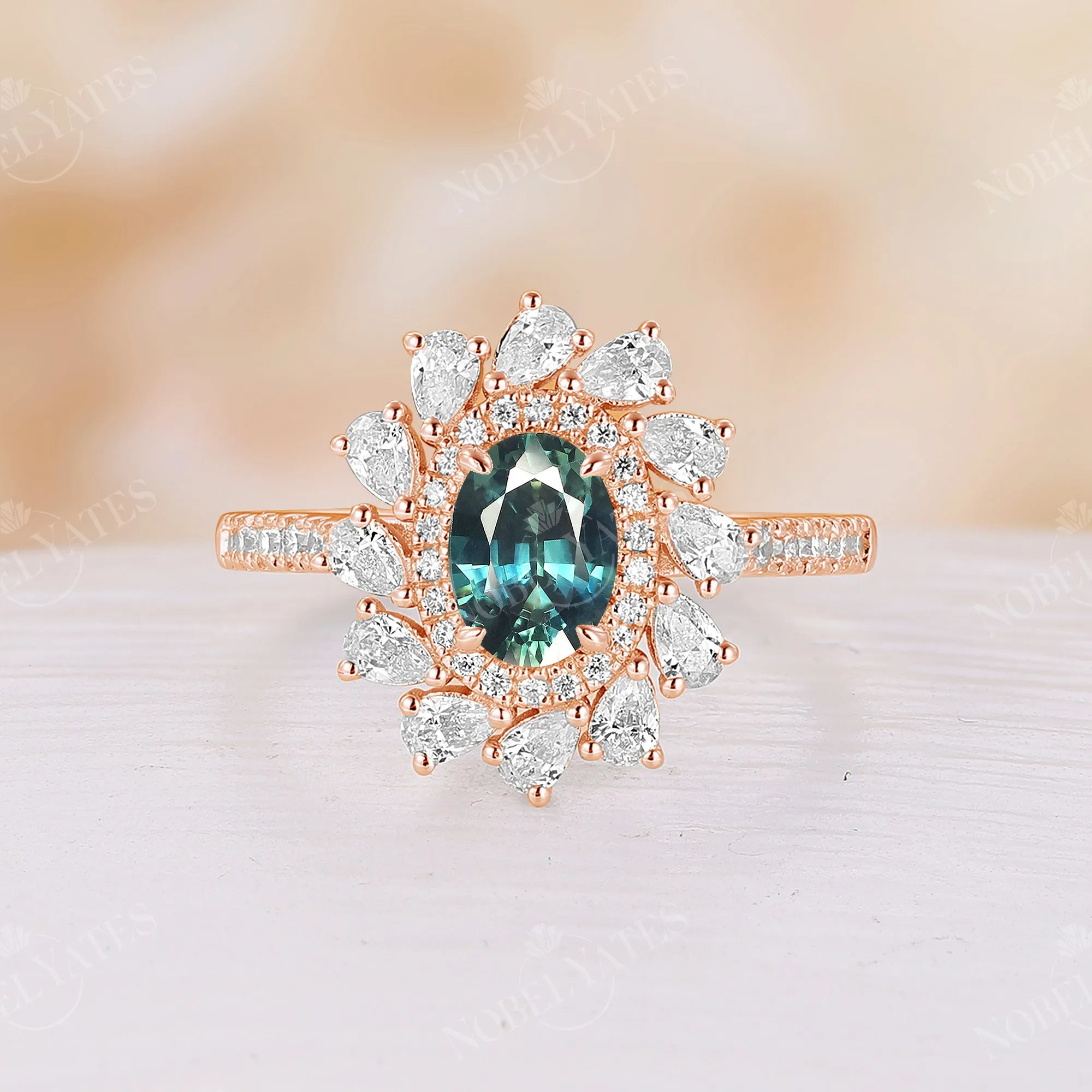 Moissanite Halo Teal Sapphire Vintage Engagement Ring Rose Gold