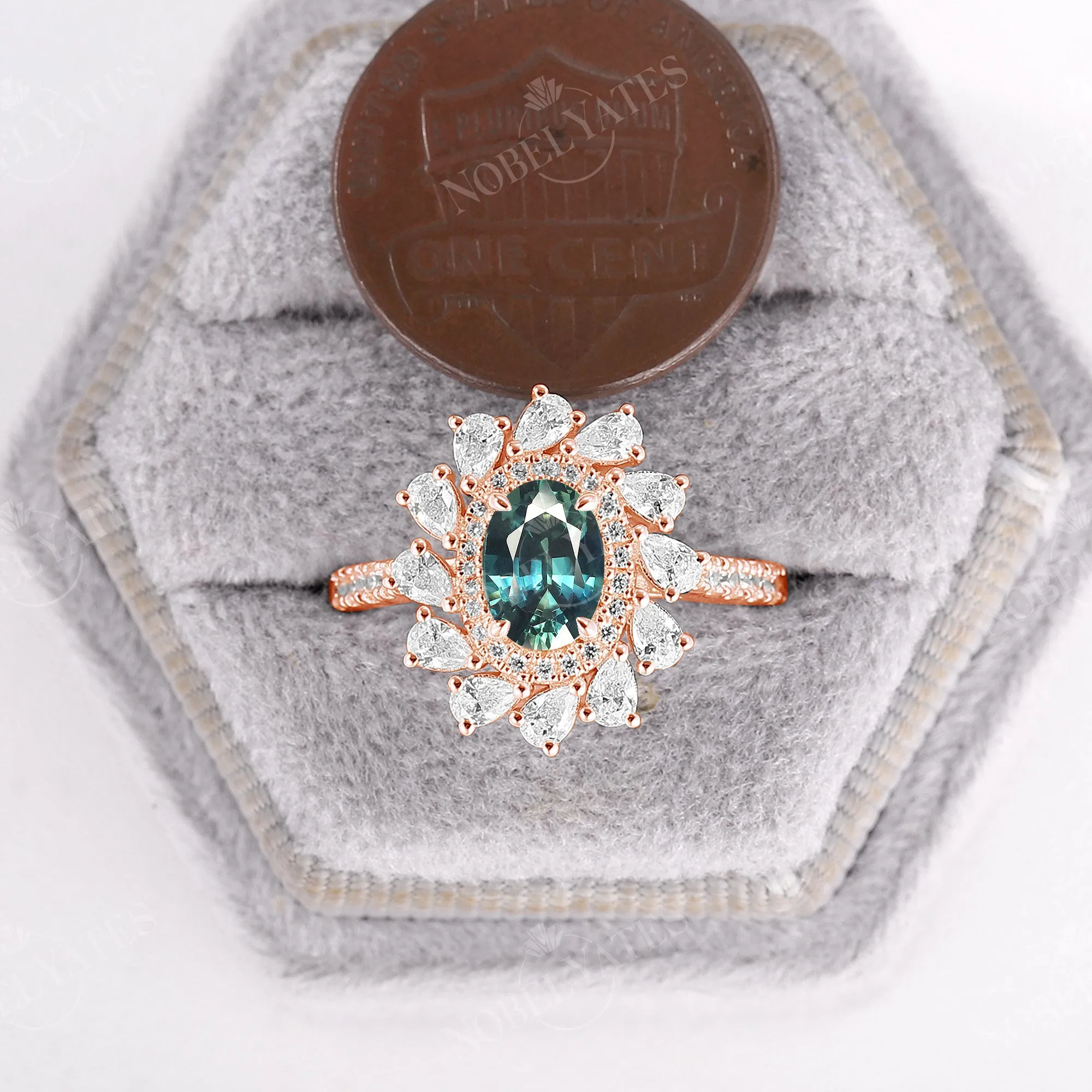 Moissanite Halo Teal Sapphire Vintage Engagement Ring Rose Gold