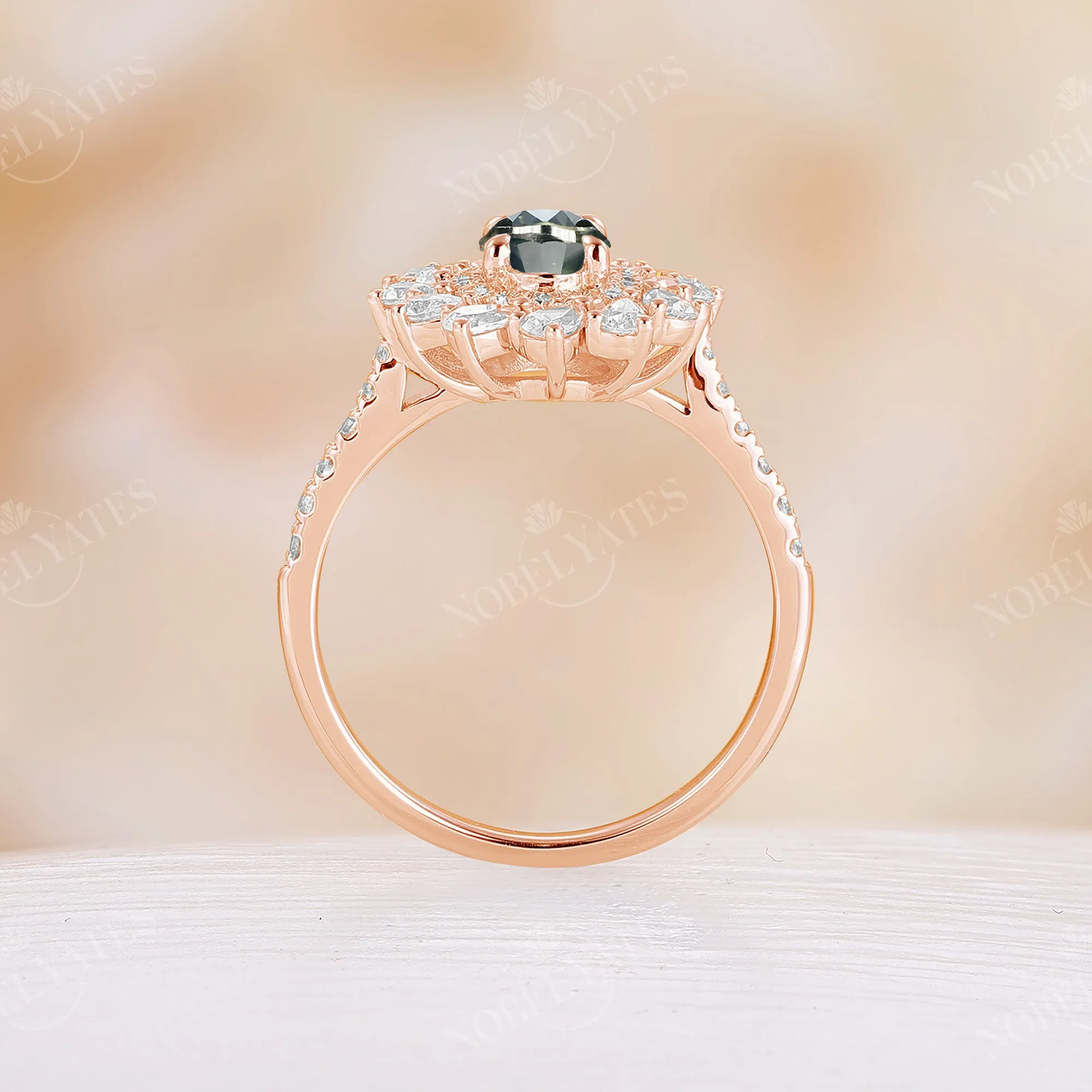 Moissanite Halo Teal Sapphire Vintage Engagement Ring Rose Gold