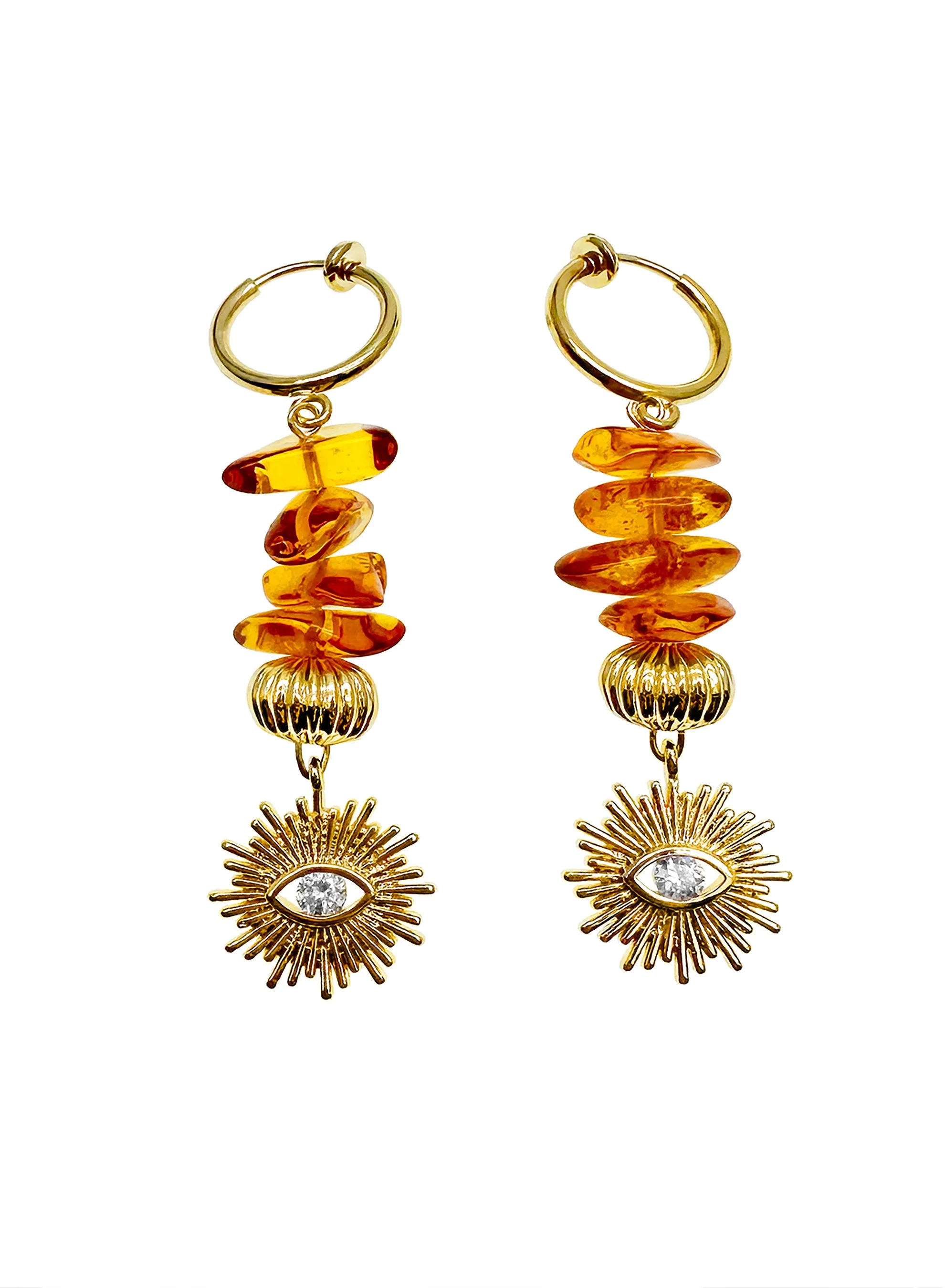 Natural Amber With Evil Eye Dangle Clip-on Earrings JE014