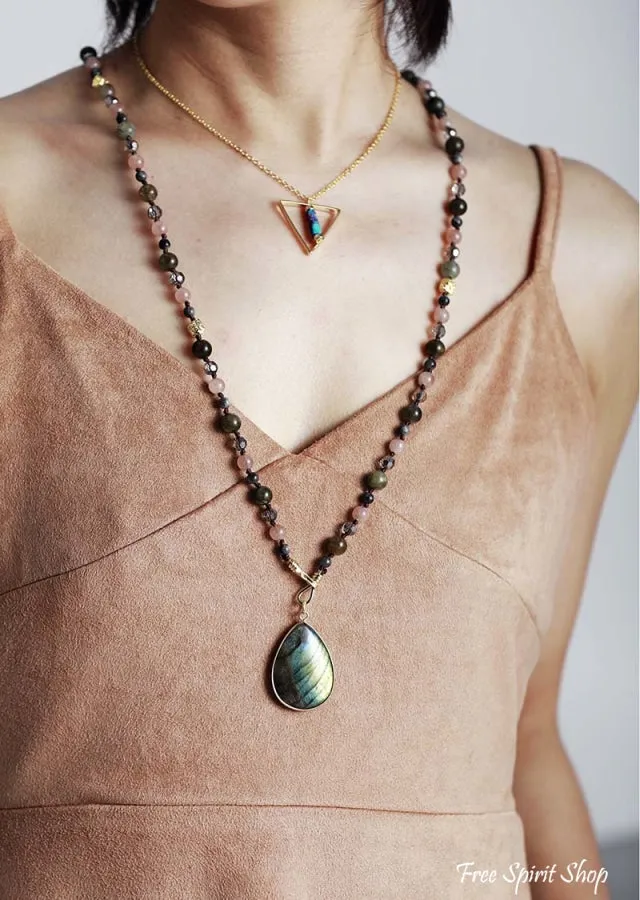 Natural Labradorite & Strawberry Quartz Beaded Necklace