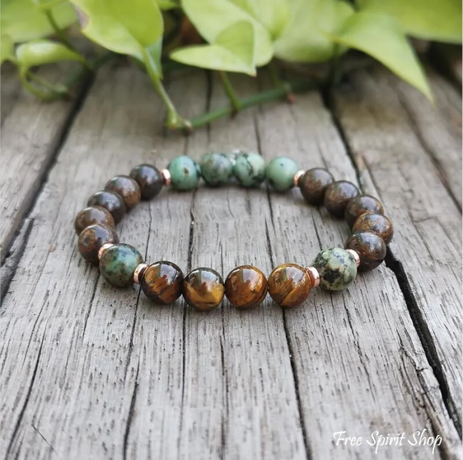 Natural Tiger Eye Bronzite & African Turquoise Bead Bracelet