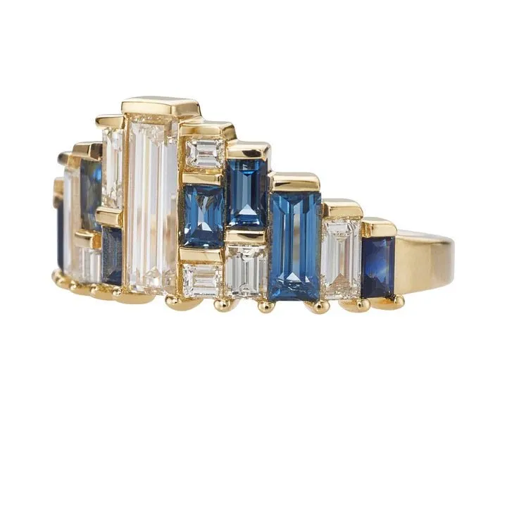 ORDER ONLY: Diamond & Blue Sapphire Baguette Tiara Ring