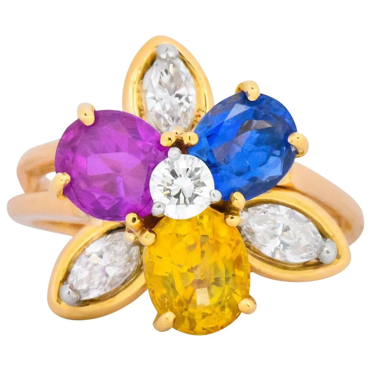 Oscar Heyman Bros. 4.05 CTW Sapphire Diamond 18 Karat Gold Floral Ring