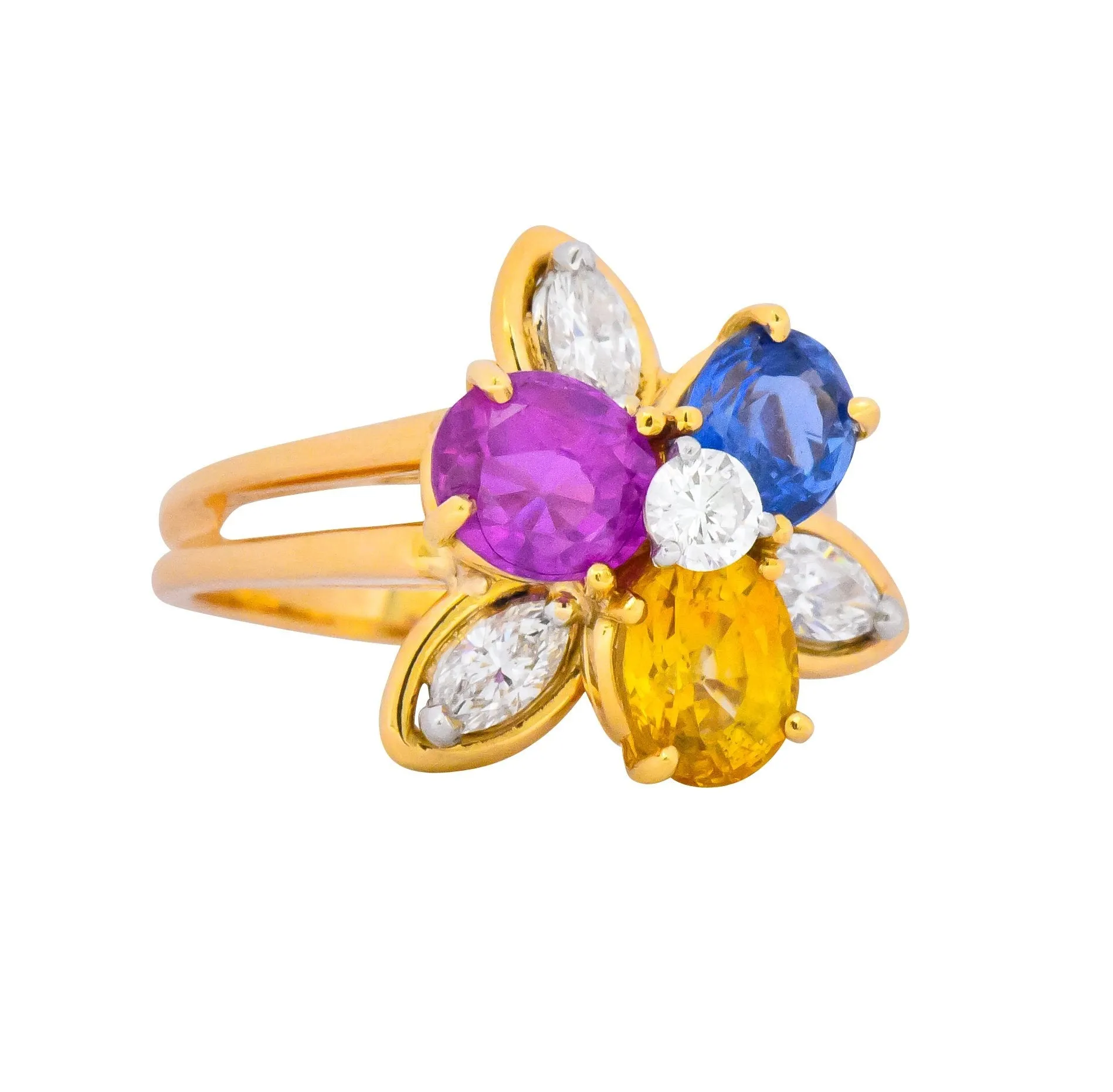 Oscar Heyman Bros. 4.05 CTW Sapphire Diamond 18 Karat Gold Floral Ring