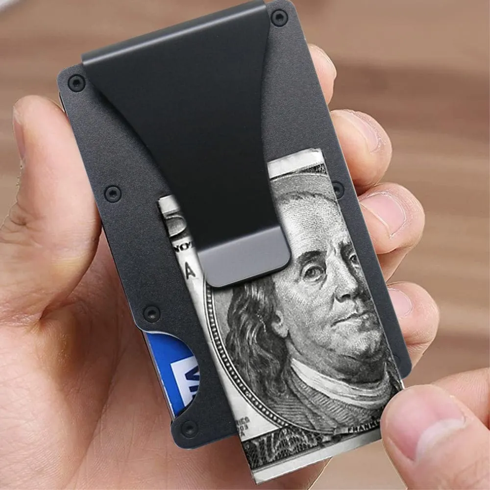 Personalized Black Aluminum Card Holder & money clip - RFID technology.