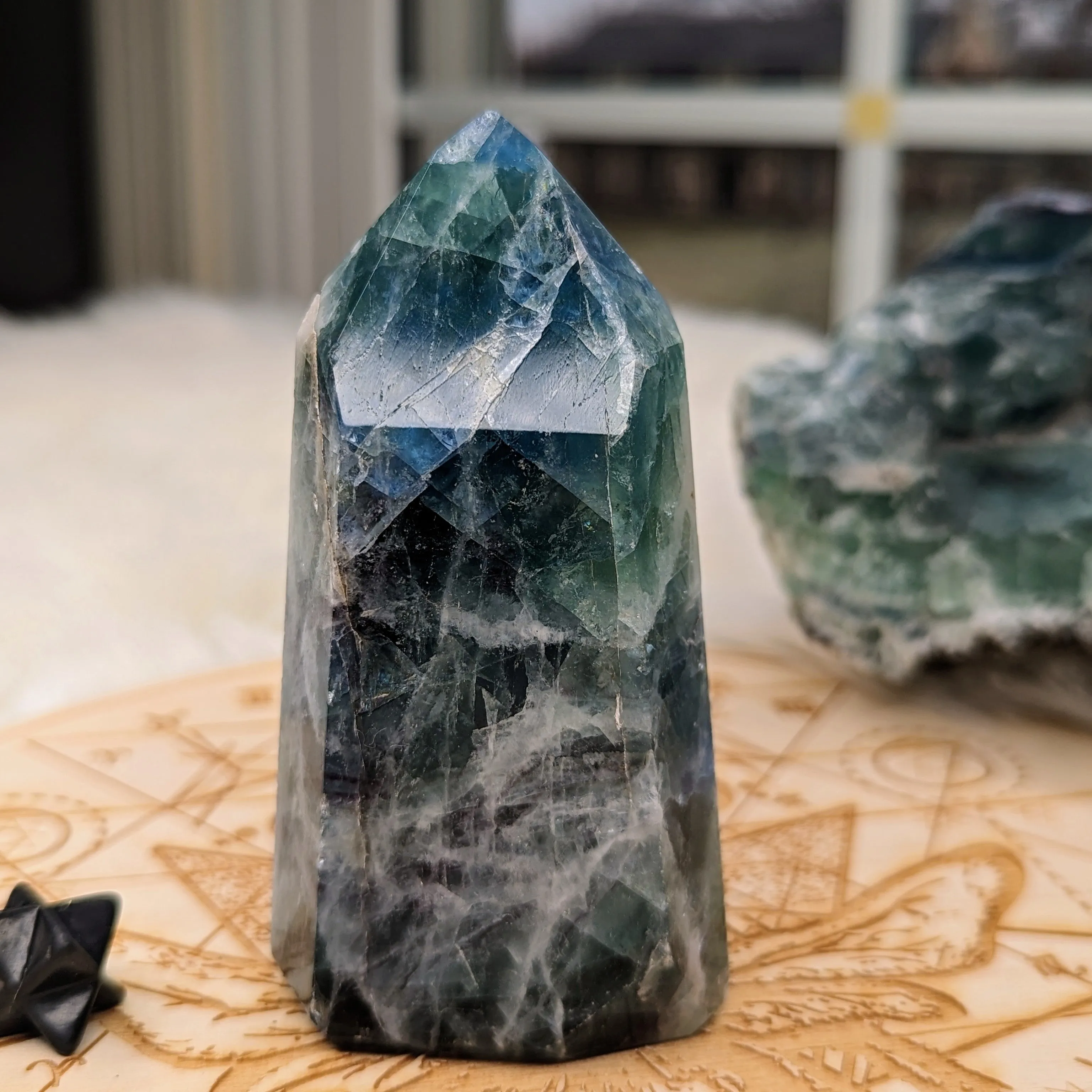 Rainbow Flourite Obelisk Carving ~Display Generator ~  Vibrant Greens and Blues