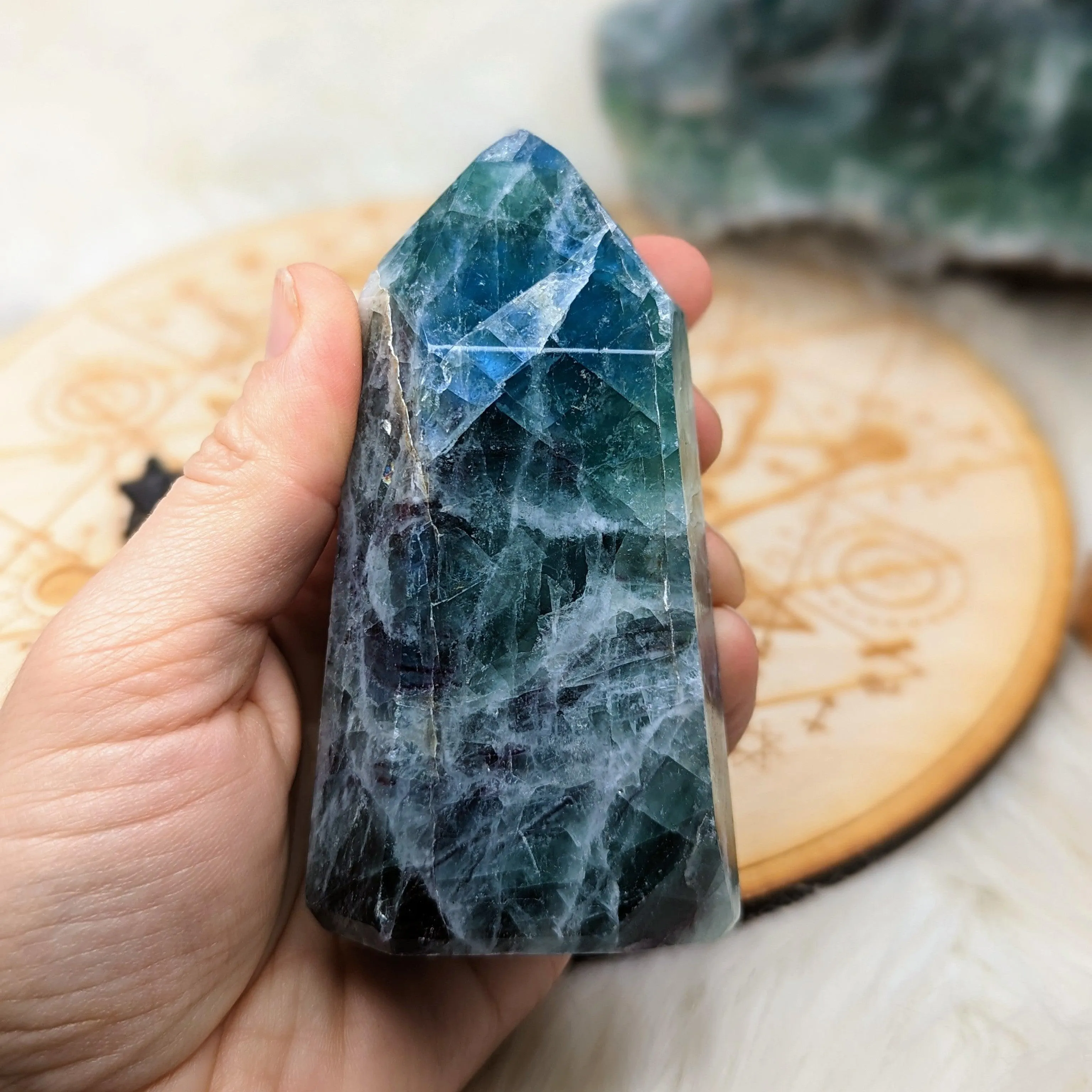 Rainbow Flourite Obelisk Carving ~Display Generator ~  Vibrant Greens and Blues