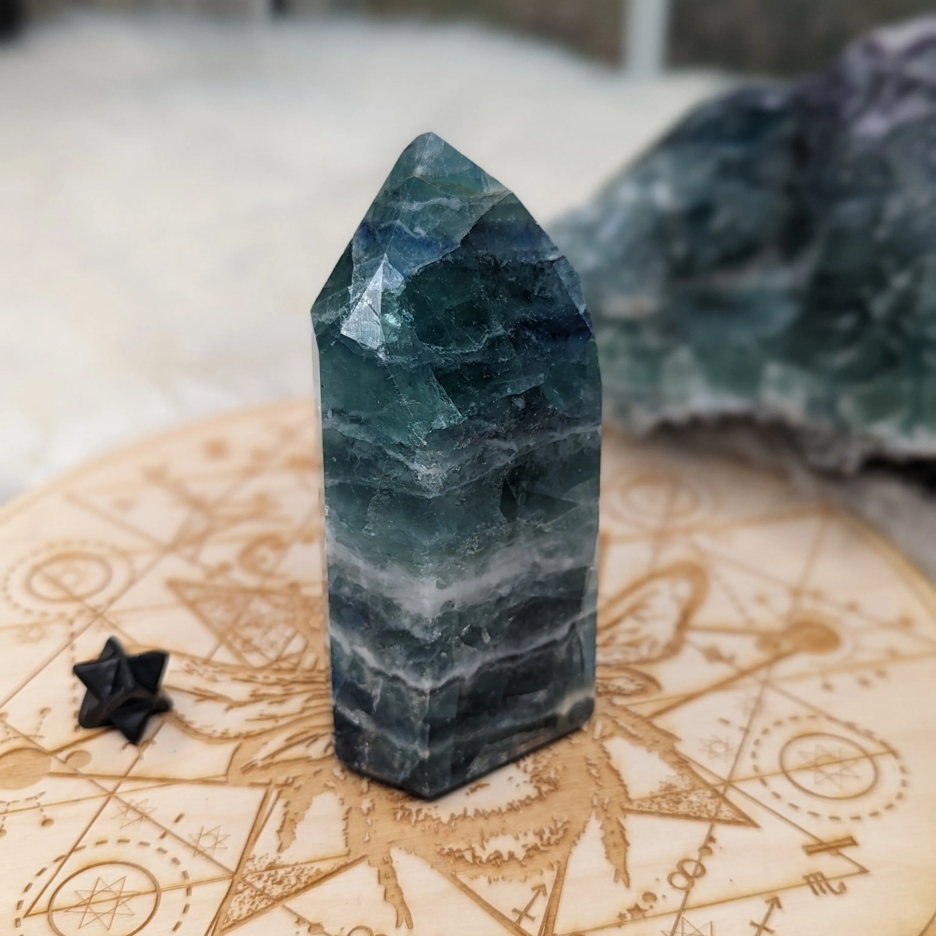 Rainbow Flourite Obelisk Carving with Rainbow Inclusions ~Energy Generator~  Vibrant Greens and Blues