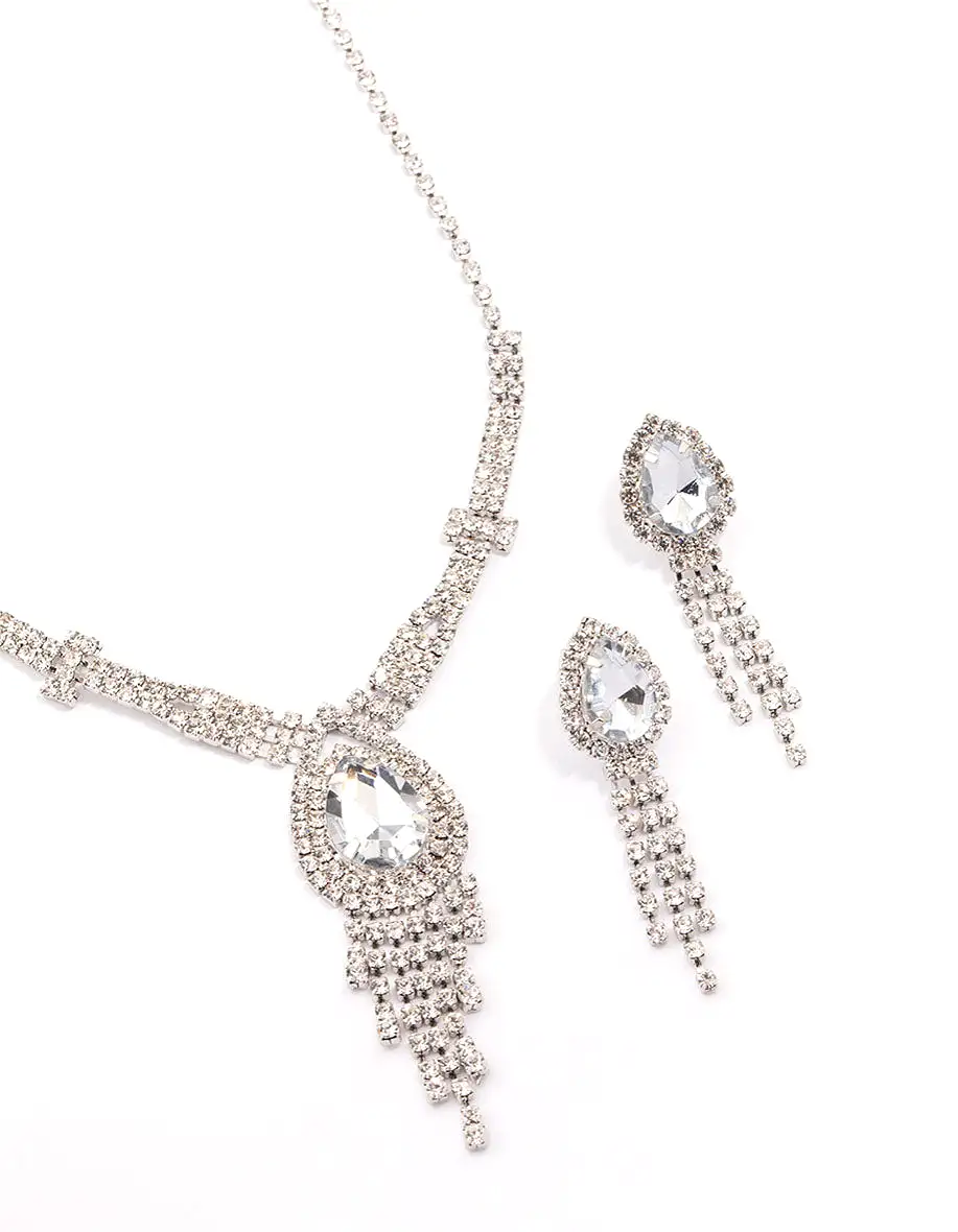 Rhodium Vintage Diamante Drop Jewellery Set