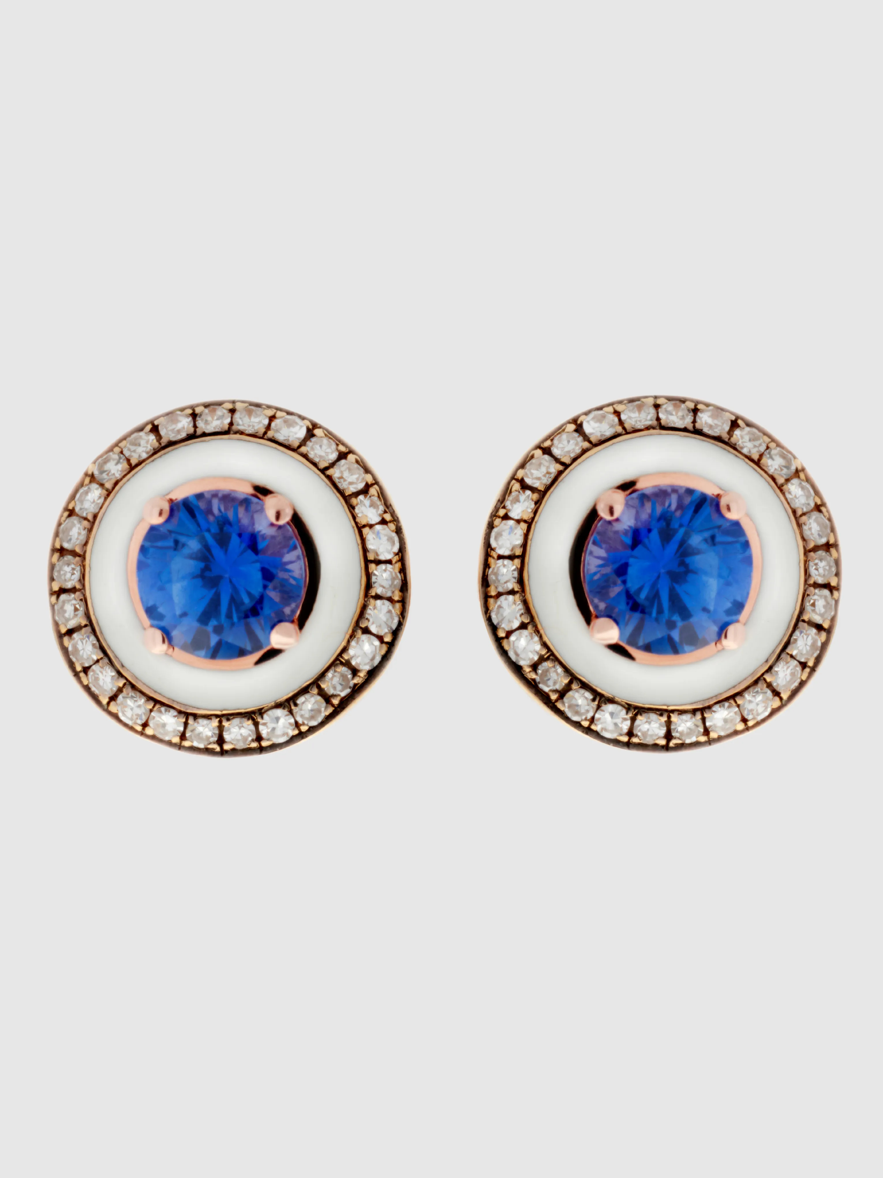 Round Enamel Earrings in Pink Gold/Diamond/Blue Sapphire