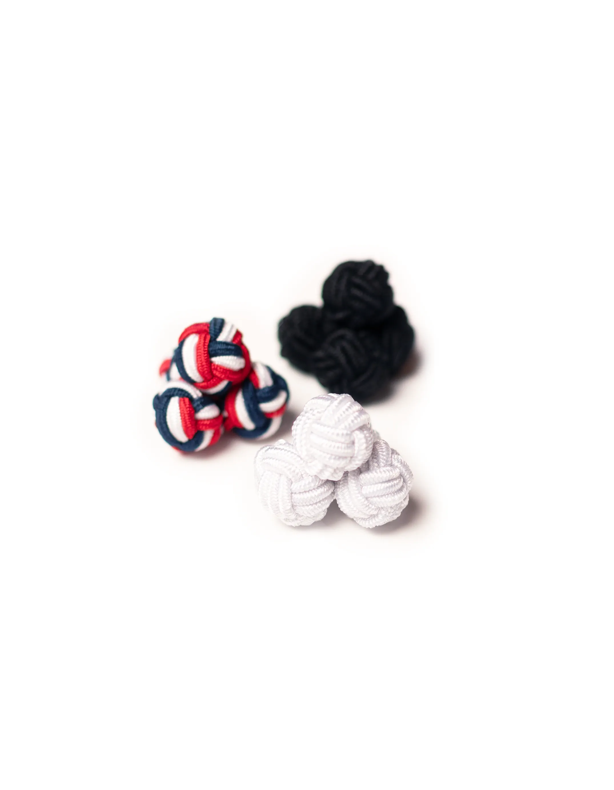 SET OF 3 ROUND SILK KNOT CUFFLINKS  - BLACK WHITE RED/WHITE/BLUE