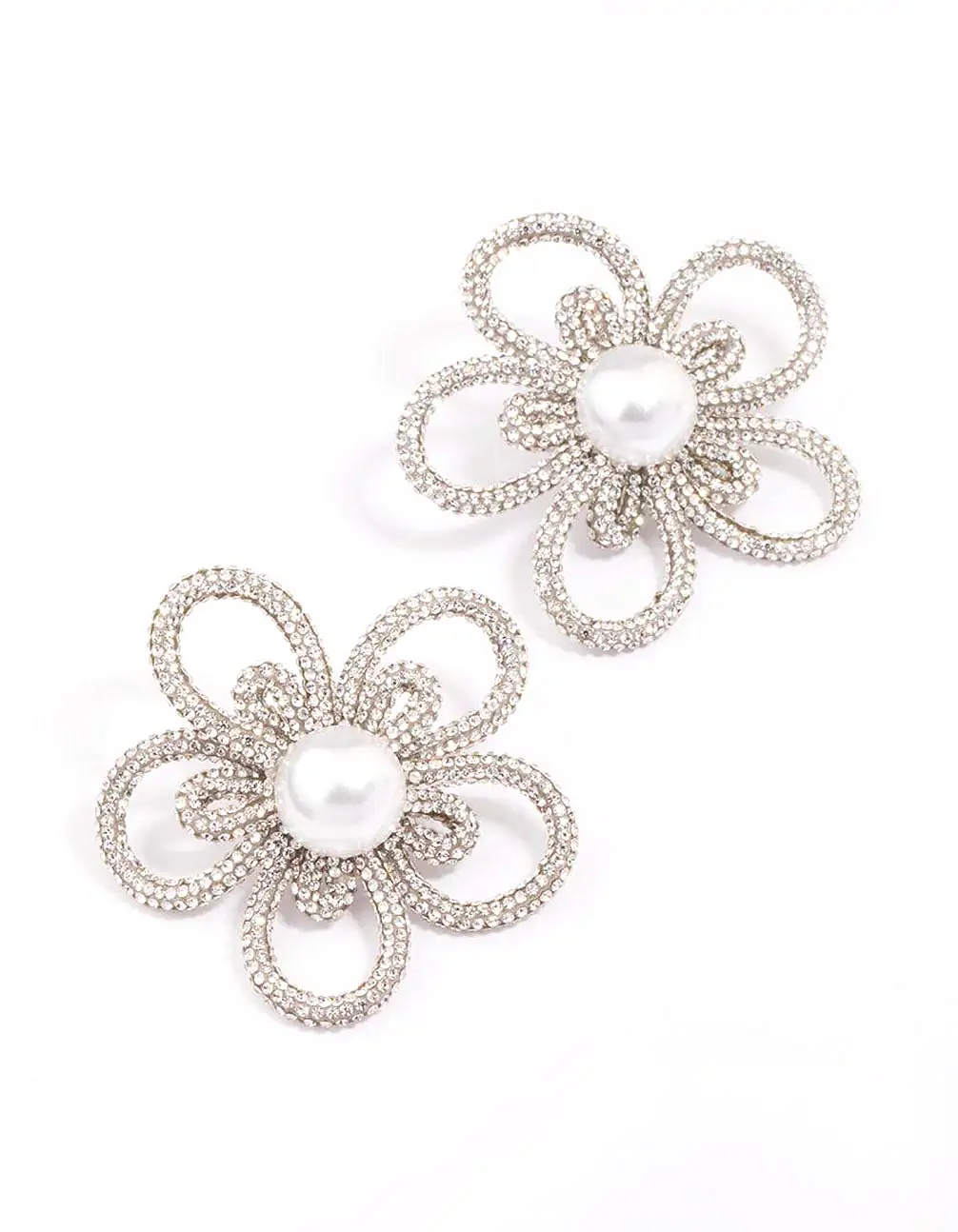 Silver Diamante & Pearl Flower Statement Stud Earrings