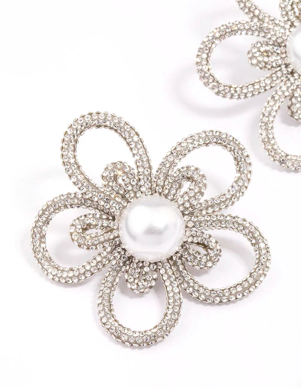 Silver Diamante & Pearl Flower Statement Stud Earrings