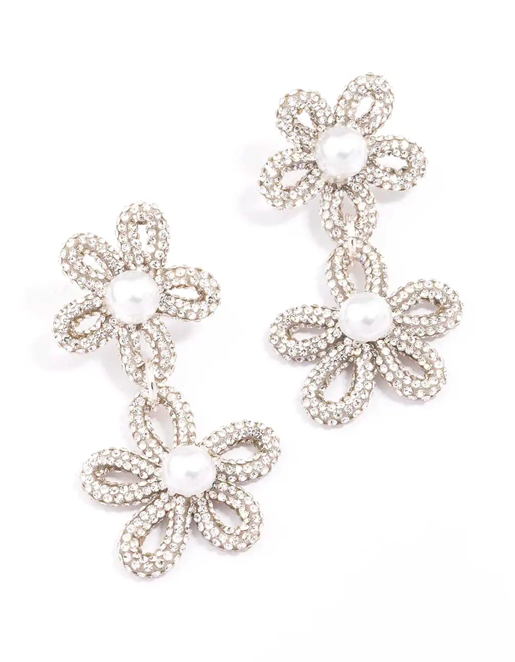 Silver Double Flower Pearl Drop Earrings