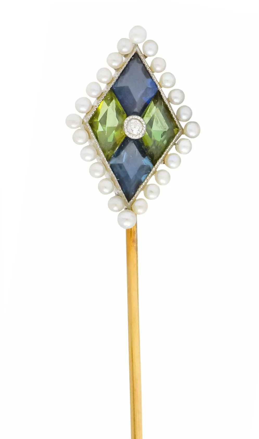 Sloan & Co. Sapphire Pearl Platinum-Topped 14 Karat Gold Harlequin Stickpin