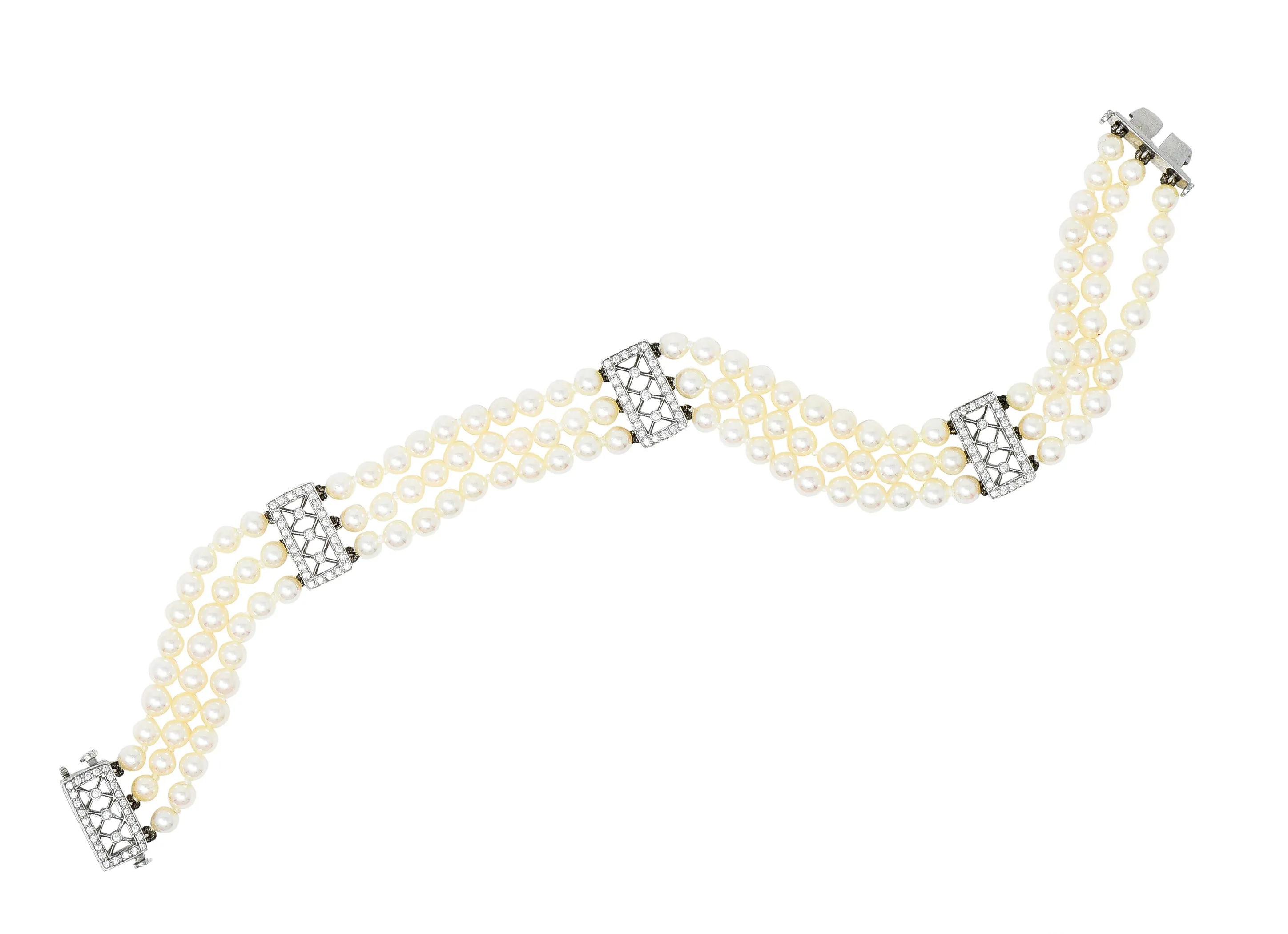 Tiffany & Co. Diamond Pearl Platinum Voile Three Strand Station Bracelet